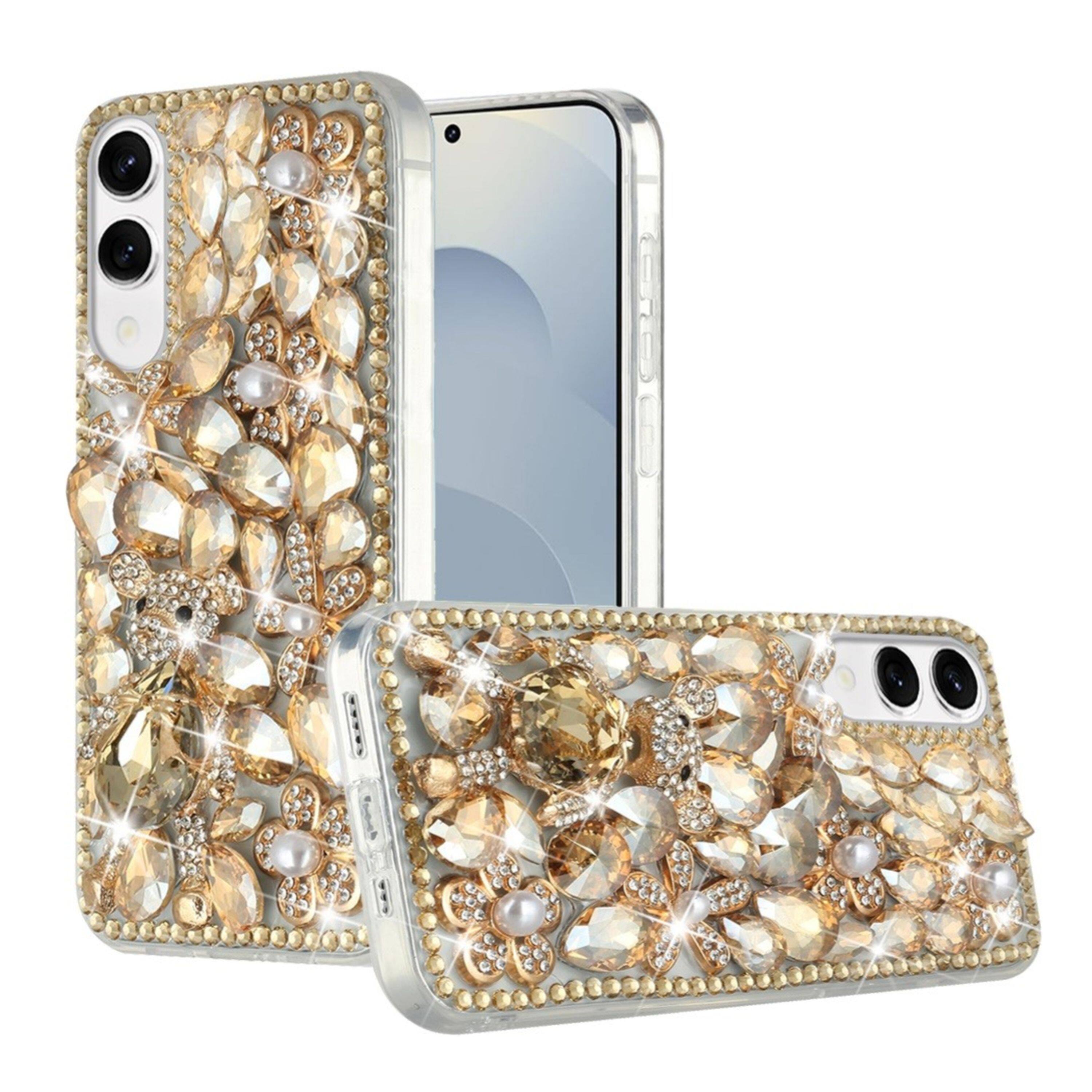 Angle. Kitcheniva - Full Diamond Bling 3D Jewel Ornaments With Tempered Glass For Samsung Galaxy S25 Edge Gold Panda Floral - Multicolor.