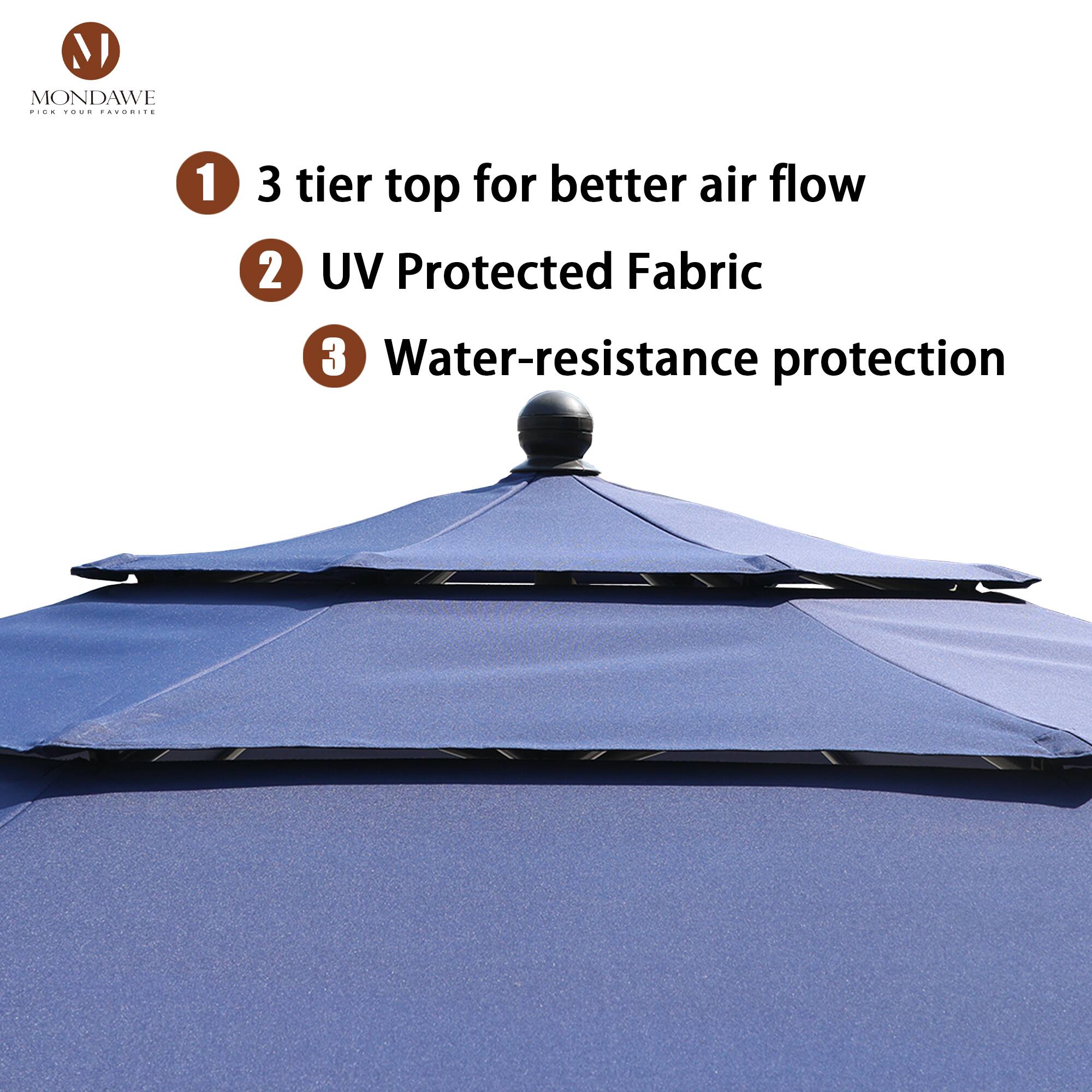 1. 3 tier top for better air flow  
2. UV Protected Fabric  
3. Water-resistance protection