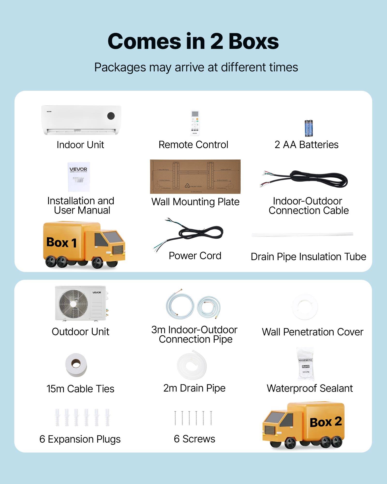 Comes in 2 Boxes  
Packages may arrive at different times

- Indoor Unit
- Remote Control
- 2 AA Batteries
- Installation and User Manual
- Wall Mounting Plate
- Indoor-Outdoor Connection Cable
- Box 1
- Power Cord
- Drain Pipe Insulation Tube

- Outdoor Unit
- 3m Indoor-Outdoor Wall Penetration Cover Connection Pipe
- 15m Cable Ties
- 2m Drain Pipe
- Waterproof Sealant
- 6 Expansion Plugs
- 6 Screws
- Box 2