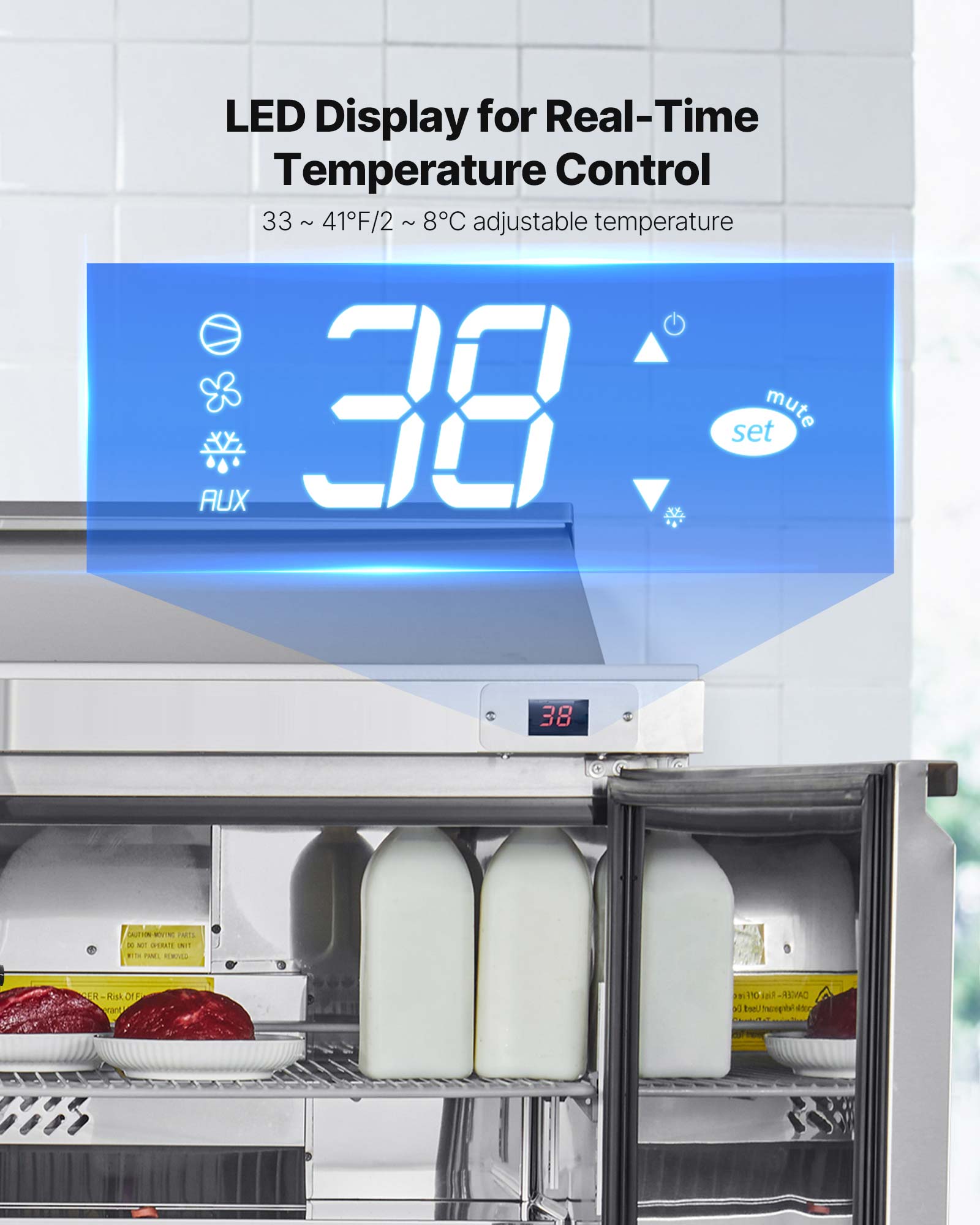 LED Display for Real-Time Temperature Control 33~41F/2~8C adjustable temperature 38 set mute AUX 38