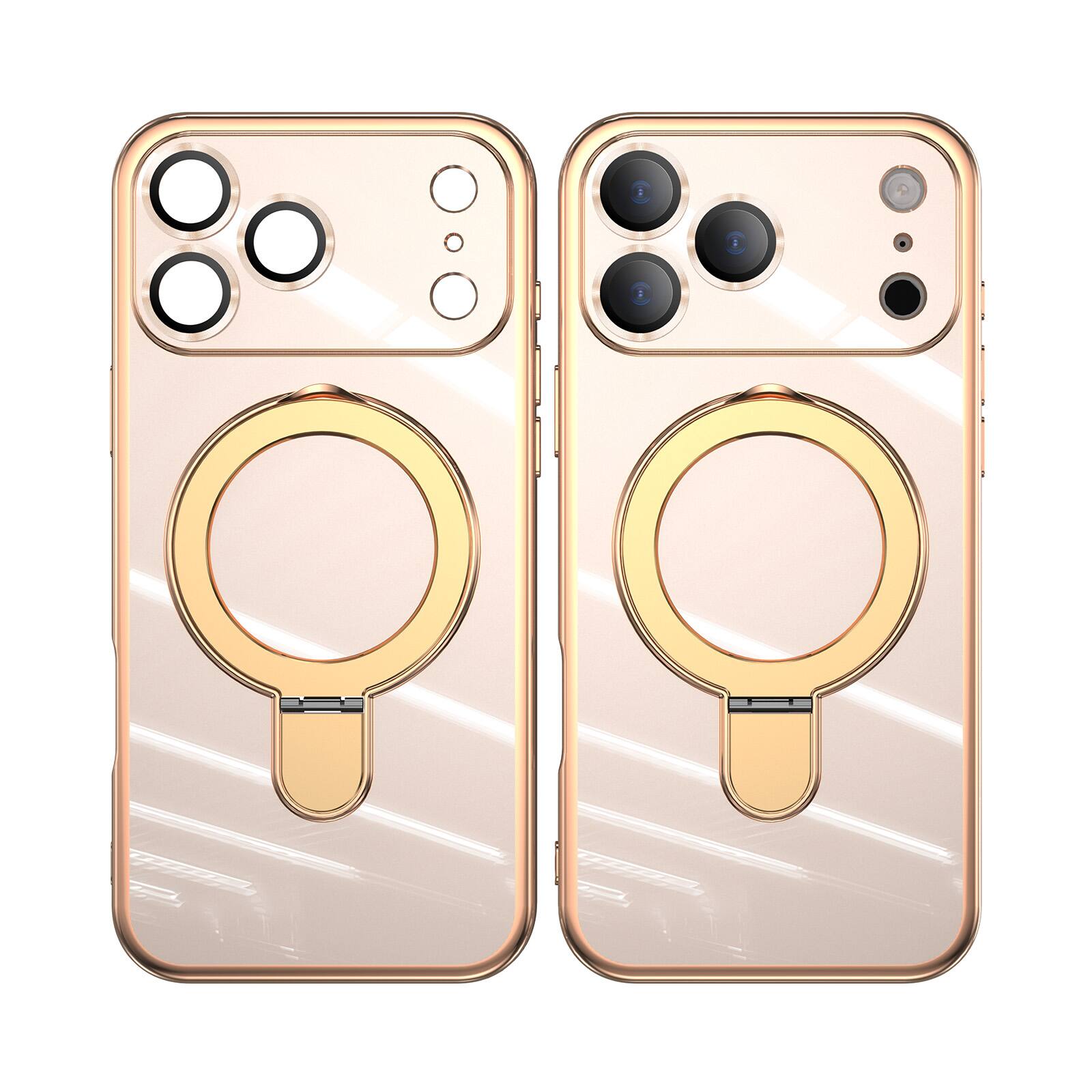 Angle. Dteck - Mag Safe Case for Apple iPhone 17 Pro,Slim Shockproof TPU Case with Metal Stand Plated Bumper Bulit in Glass Lens Film - Lightpink.