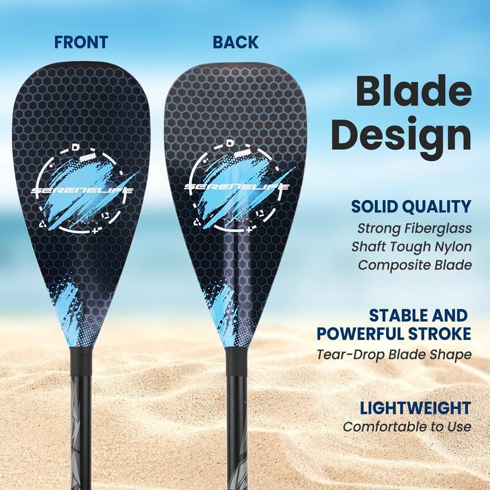 FRONT BACK SERENELIFE Blade Design SERENELIFE SOLID QUALITY Strong Fiberglass Shaft Tough Nylon Composite Blade STABLE AND POWERFUL STROKE Tear-Drop Blade Shape LIGHTWEIGHT Comfortable to Use