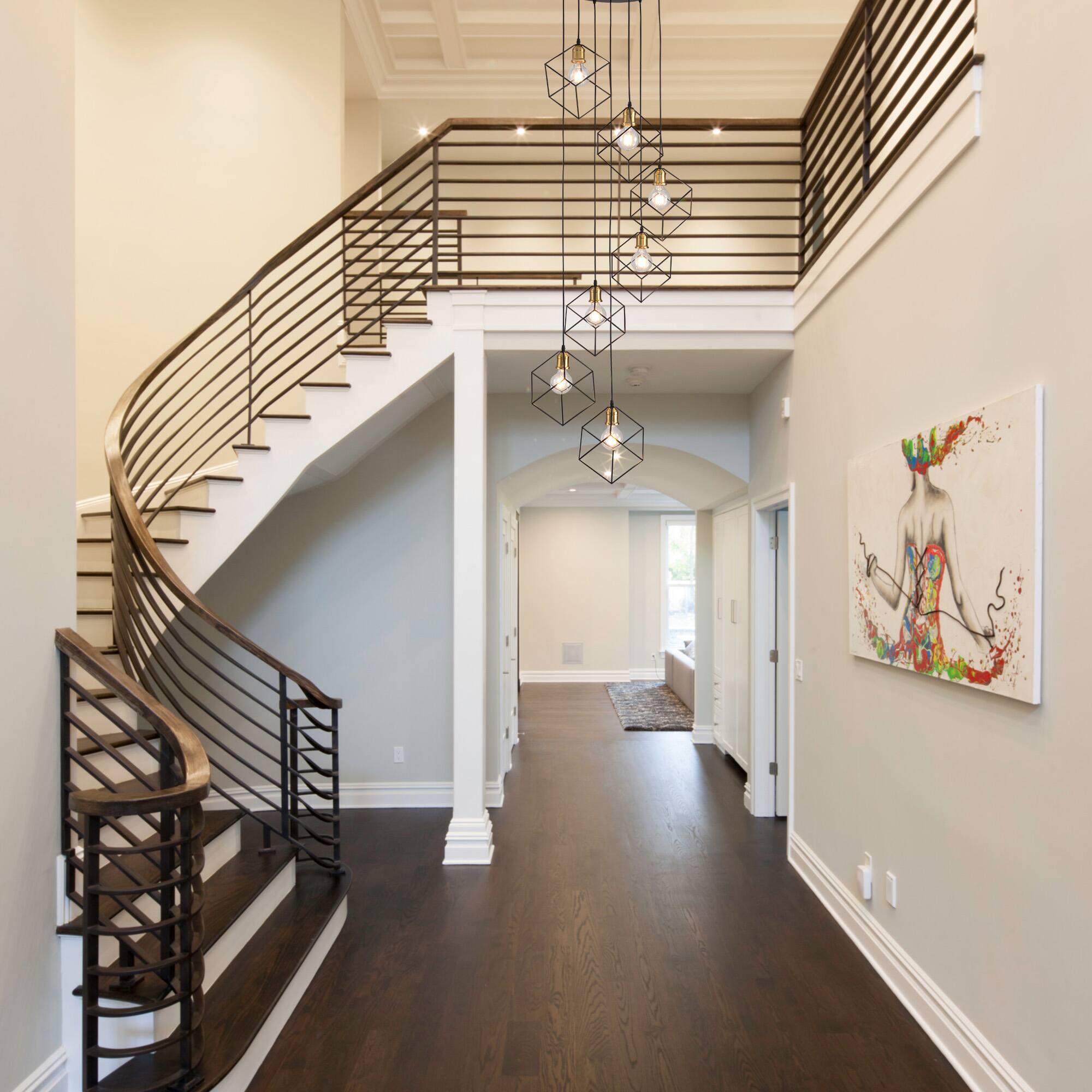 Angle. RYHNUYNE - 7-Light Modern Foyer Chandelier,Black Long Pendant Light Fixture for High Ceilings Entryway,Large Staircase Chandeliers - Black.