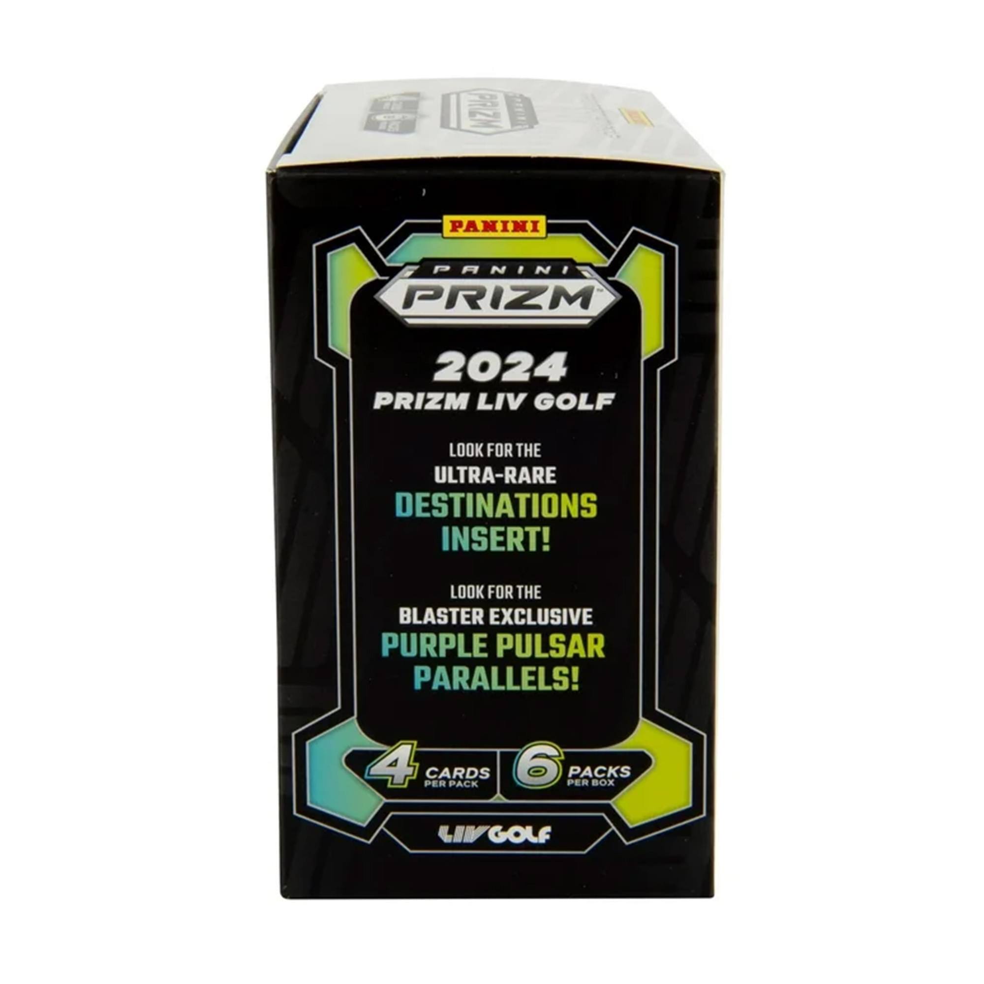 Panini Prizm 2024 Prizm Liv Golf  
Look for the Ultra-Rare Destinations Insert!  
Look for the Blaster Exclusive Purple Pulsar Parallels!  
4 Cards per Pack  
6 Packs per Box  
Liv Golf