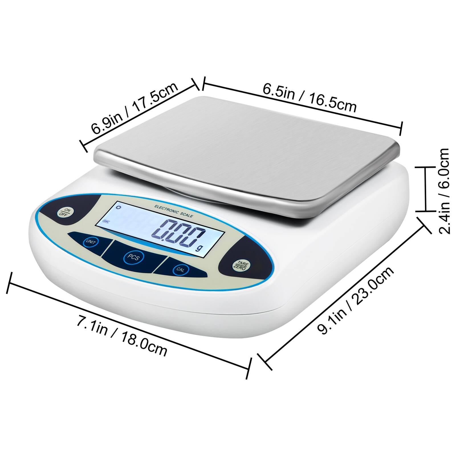 - 6.9in / 17.5cm
- 6.5in / 16.5cm
- 7.1in / 18.0cm
- 9.1in / 23.0cm
- 2.4in / 6.0cm