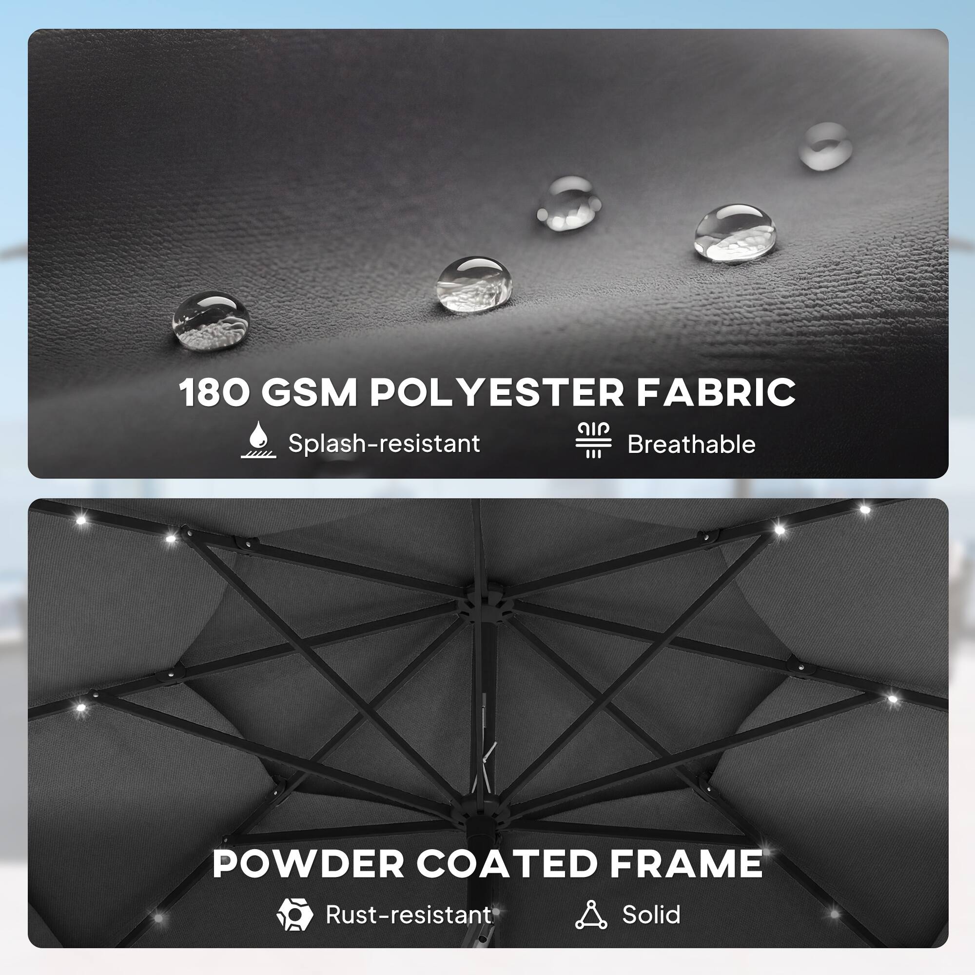 180 GSM POLYESTER FABRIC  
- Splash-resistant  
- Breathable  

POWDER COATED FRAME  
- Rust-resistant  
- Solid