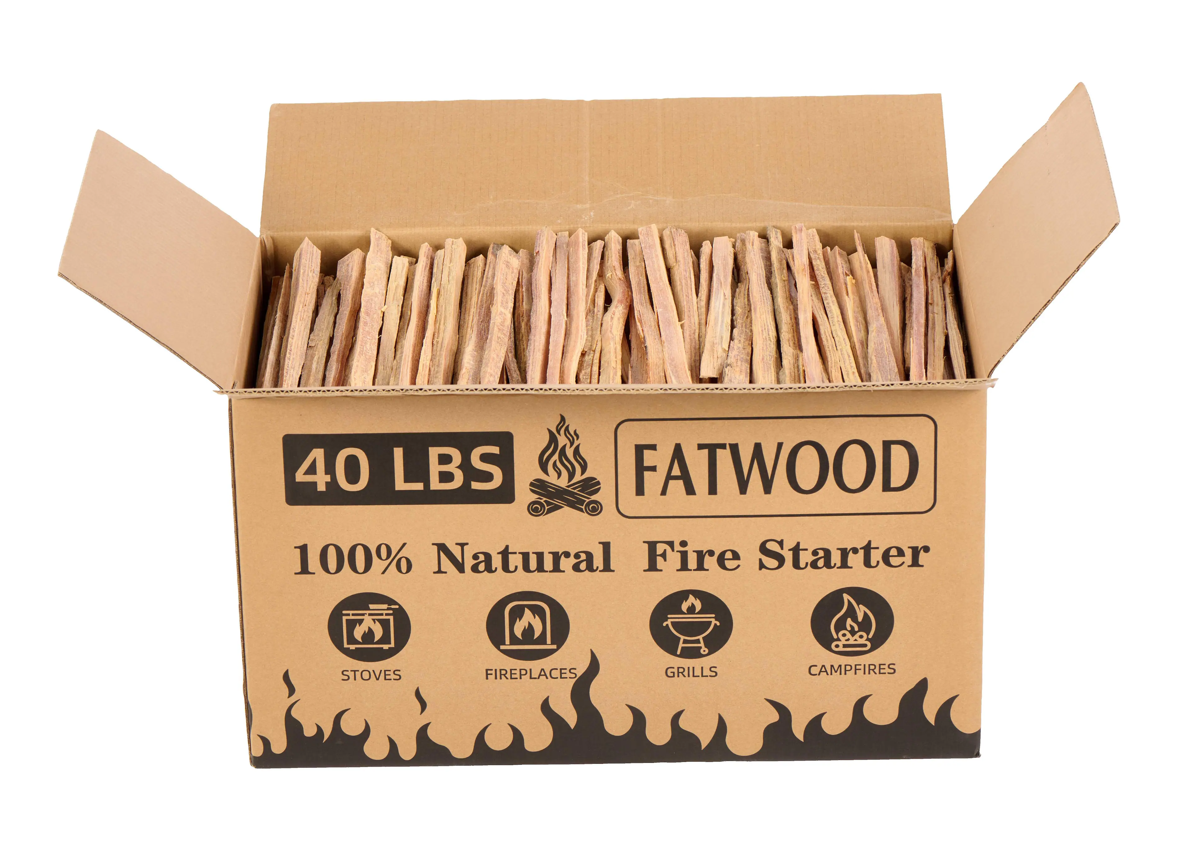 40 LBS FATWOOD  
100% Natural Fire Starter  
STOVES FIREPLACES GRILLS CAMPFIRES