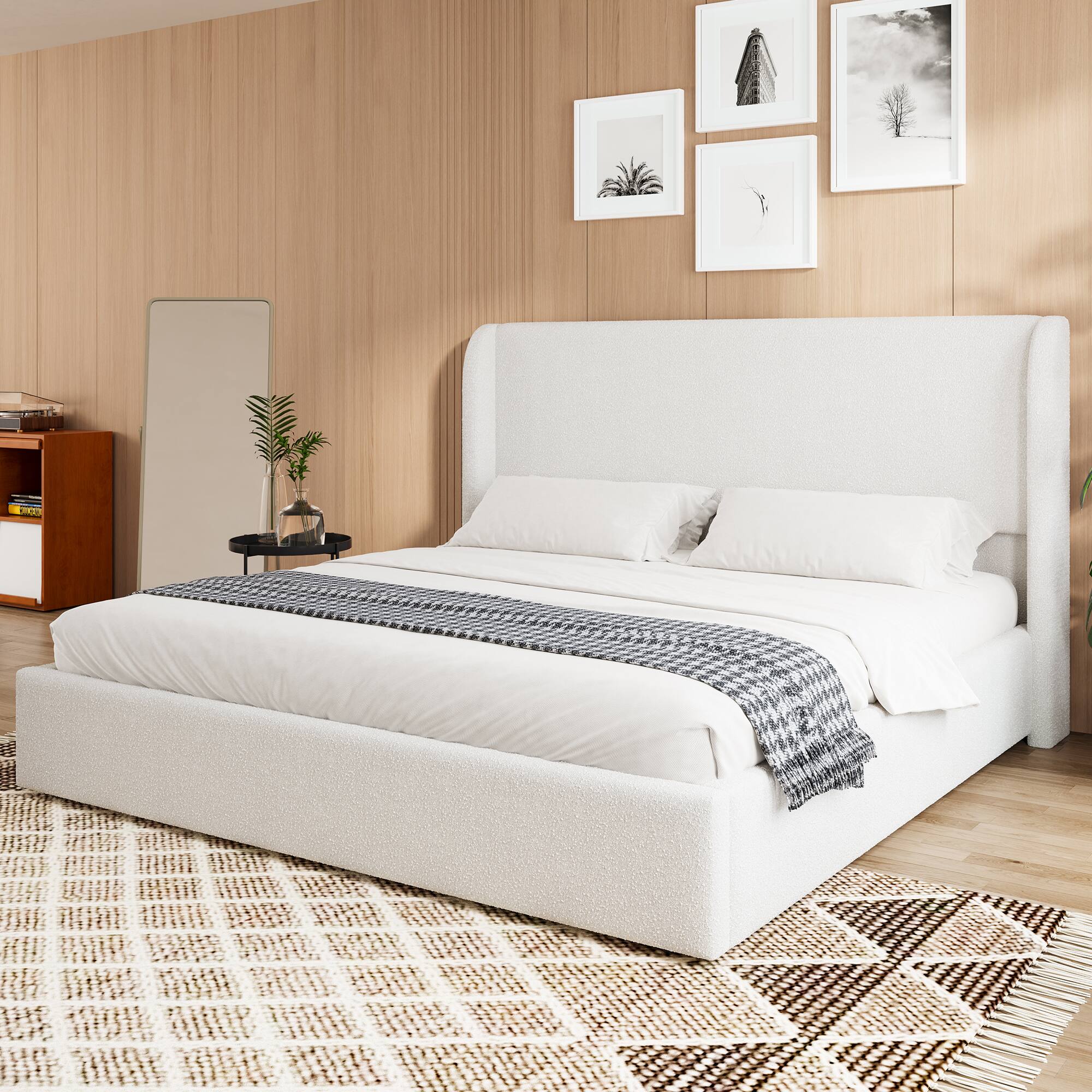 Left. LUCKY ONE - Queen Size Upholstered Bed Frame with Headboard - White.