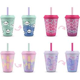 PARKER SLATER - 12oz Kids Plastic Reusable Color Changing Cups with Twist on Splash-Proof Lids and Straw, BPA Free, Dishwasher Safe - Multicolor