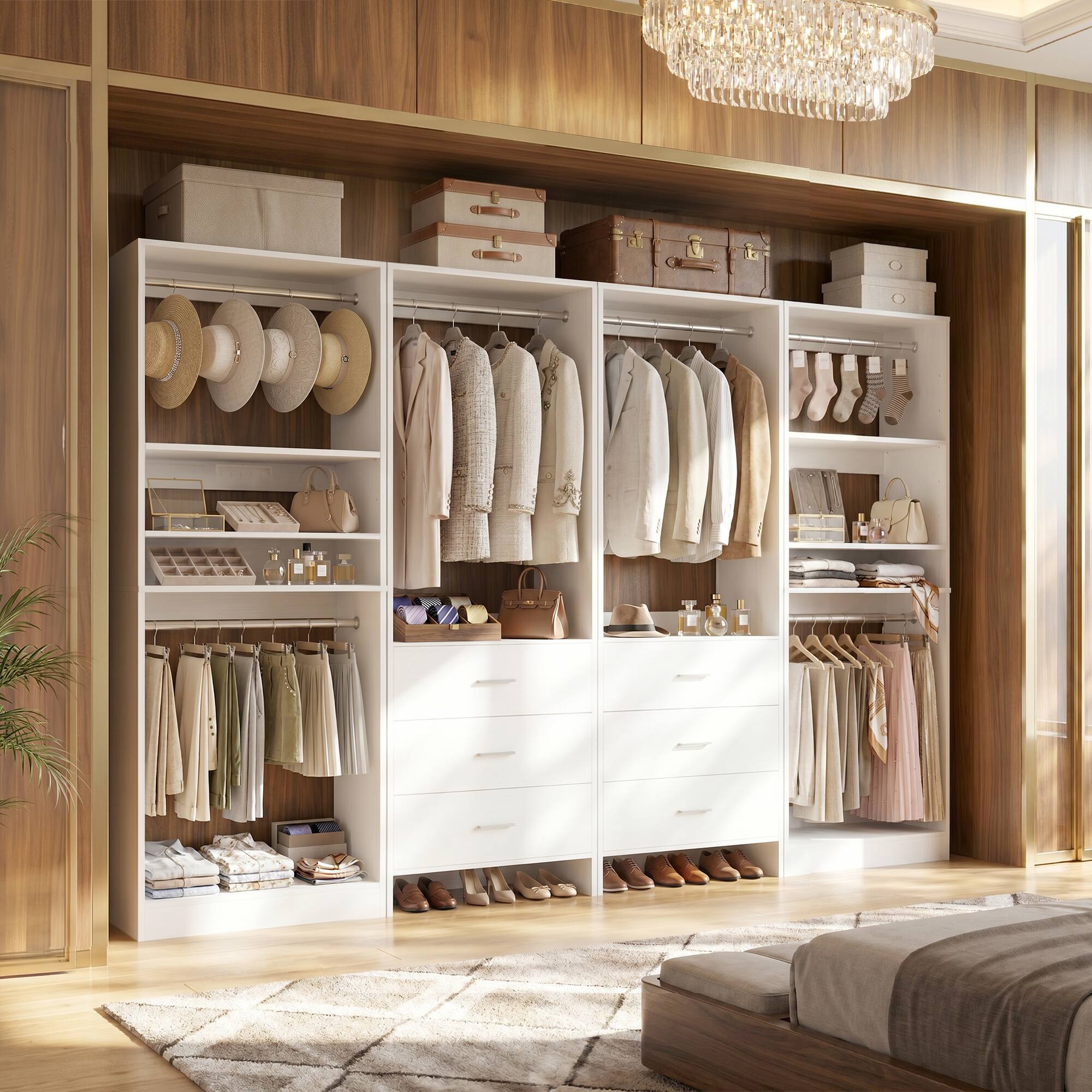 Alt View 3. Aheaplus - 98'' Walk-in Closet Organizer System, 4 Piece Wardrobe Set with 6 Drawers, 6 Hanging Rods & Adjustable Shelves - White.