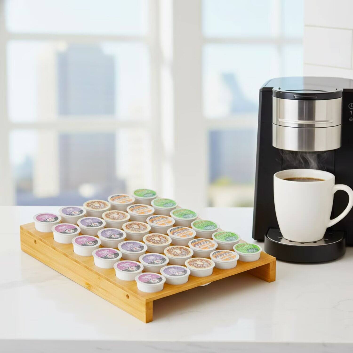 Front. Tooloton - Bamboo K-Cup Drawer Insert, 35-Slot Coffee Pod Holder for Organized Kitchen Storage - Natural.