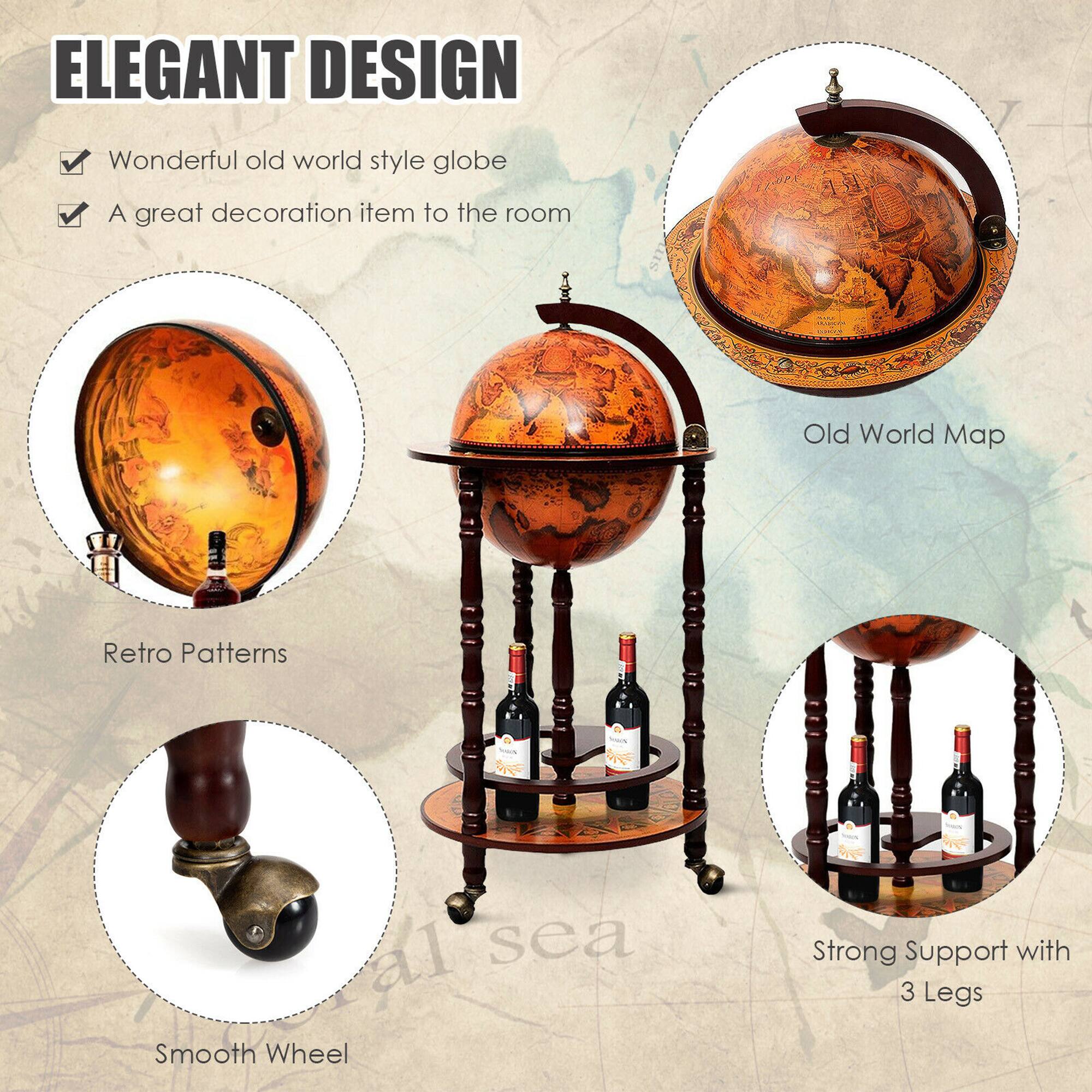 ELEGANT DESIGN

- Wonderful old world style globe
- A great decoration item to the room

Old World Map

Retro Patterns

Smooth Wheel

Strong Support with 3 Legs