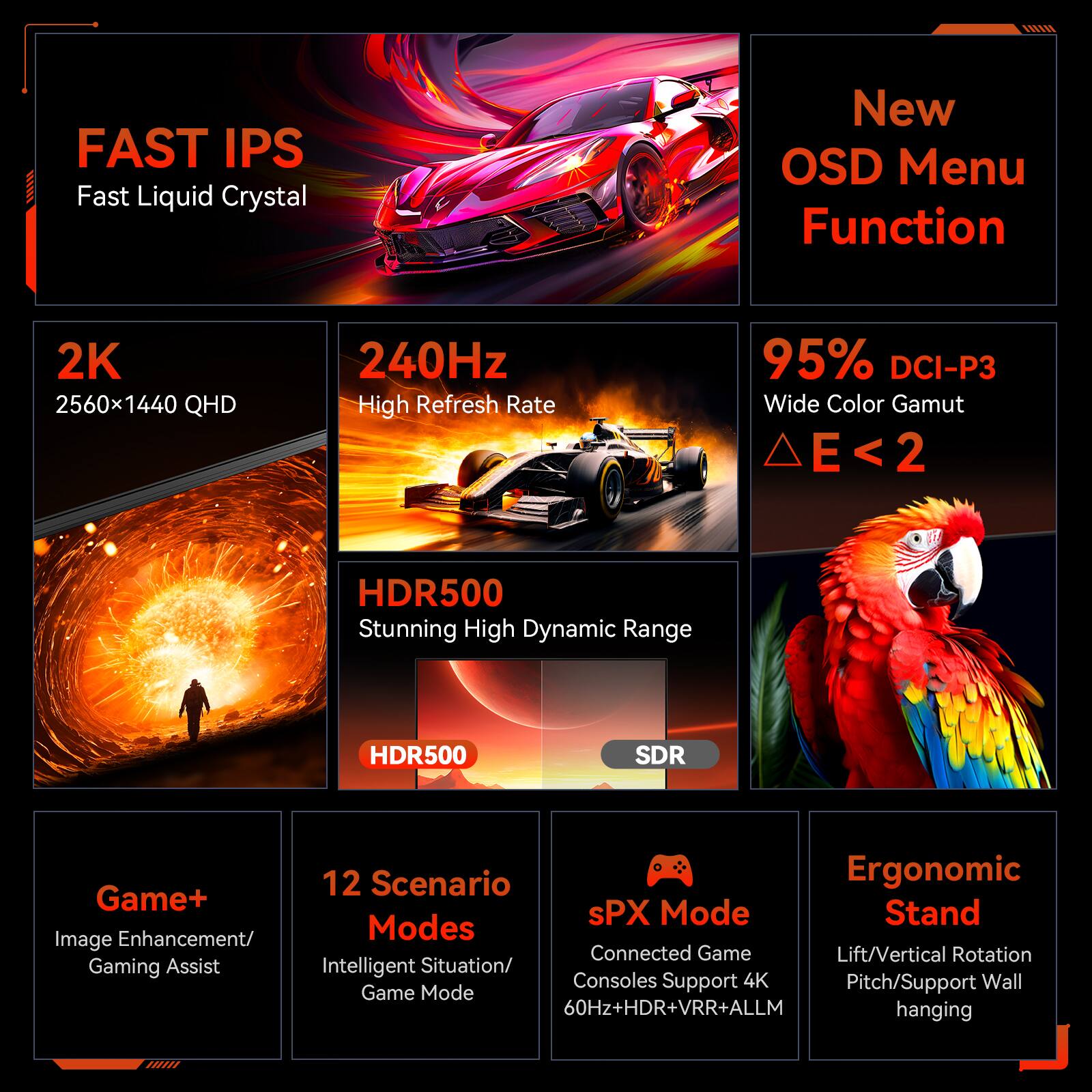 FAST IPS Fast Liquid Crystal New OSD Menu Function 2K 2560x1440 QHD 240Hz High Refresh Rate 95% DCI-P3 Wide Color Gamut E<2 HDR500 Stunning High Dynamic Range HDR500 SDR Game+ Image Enhancement/ Gaming Assist 12 Scenario Ergonomic sPX Mode Stand Modes Connected Game Lift/Vertical Rotation Intelligent Situation/ Consoles Support 4K Pitch/Support Wall Game Mode 60Hz+HDR+VRR+ALLM hanging
