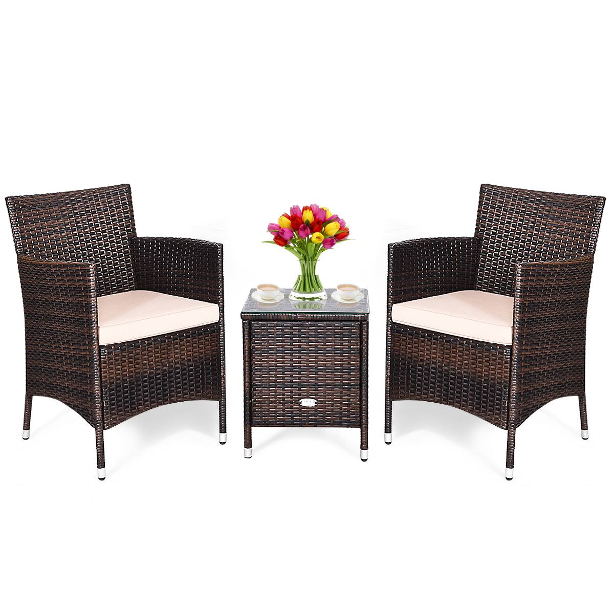 Front. Costway - Outdoor 3 PCS PE Rattan Wicker Furniture Sets Chairs Coffee Table Garden - Beige.
