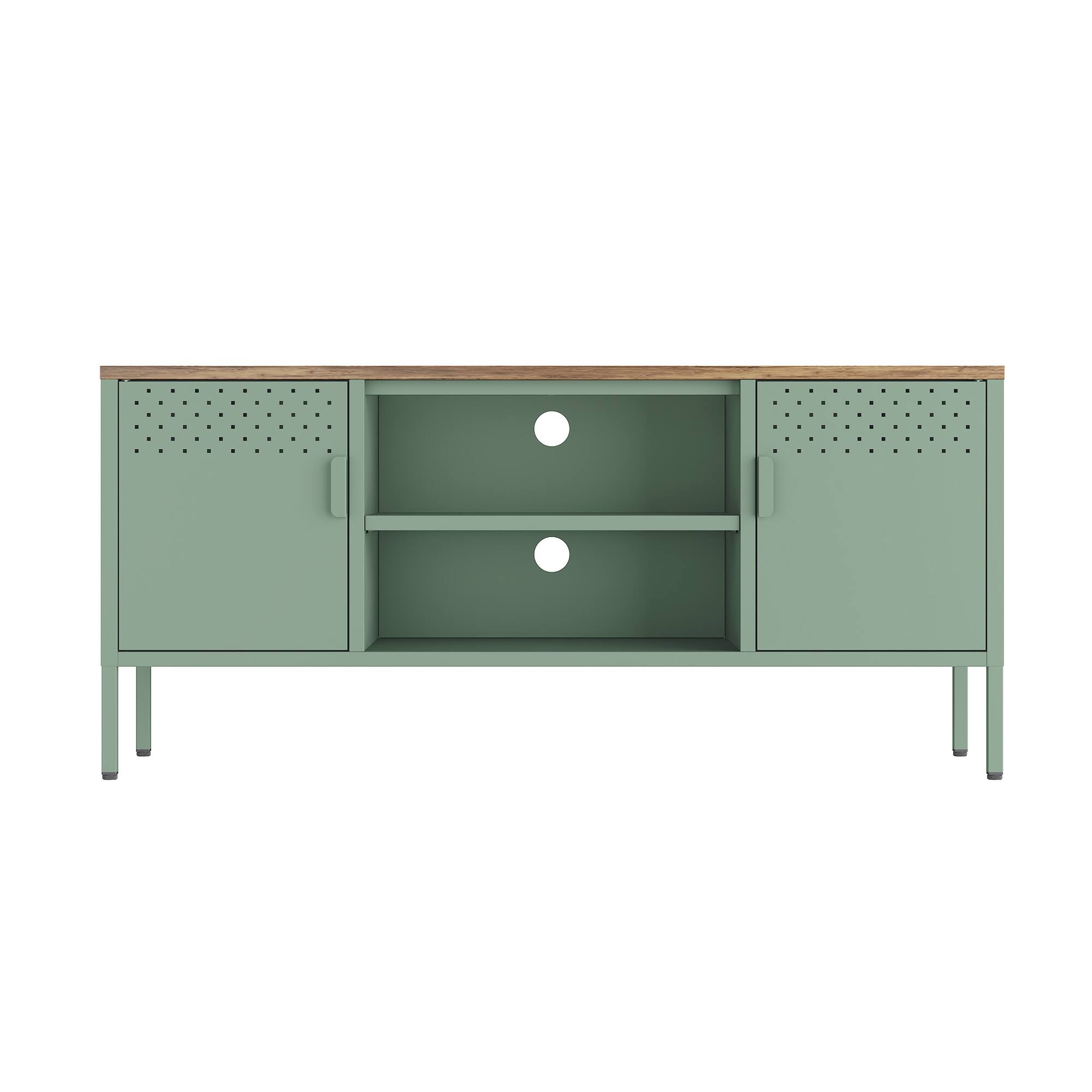 Angle. Spaco - Spaco Modern Metal TV Stand with Wood Top, 2 Storage Cabinets and Open Shelves, Cable Management, for 40 Inch TVs - Sage Green.
