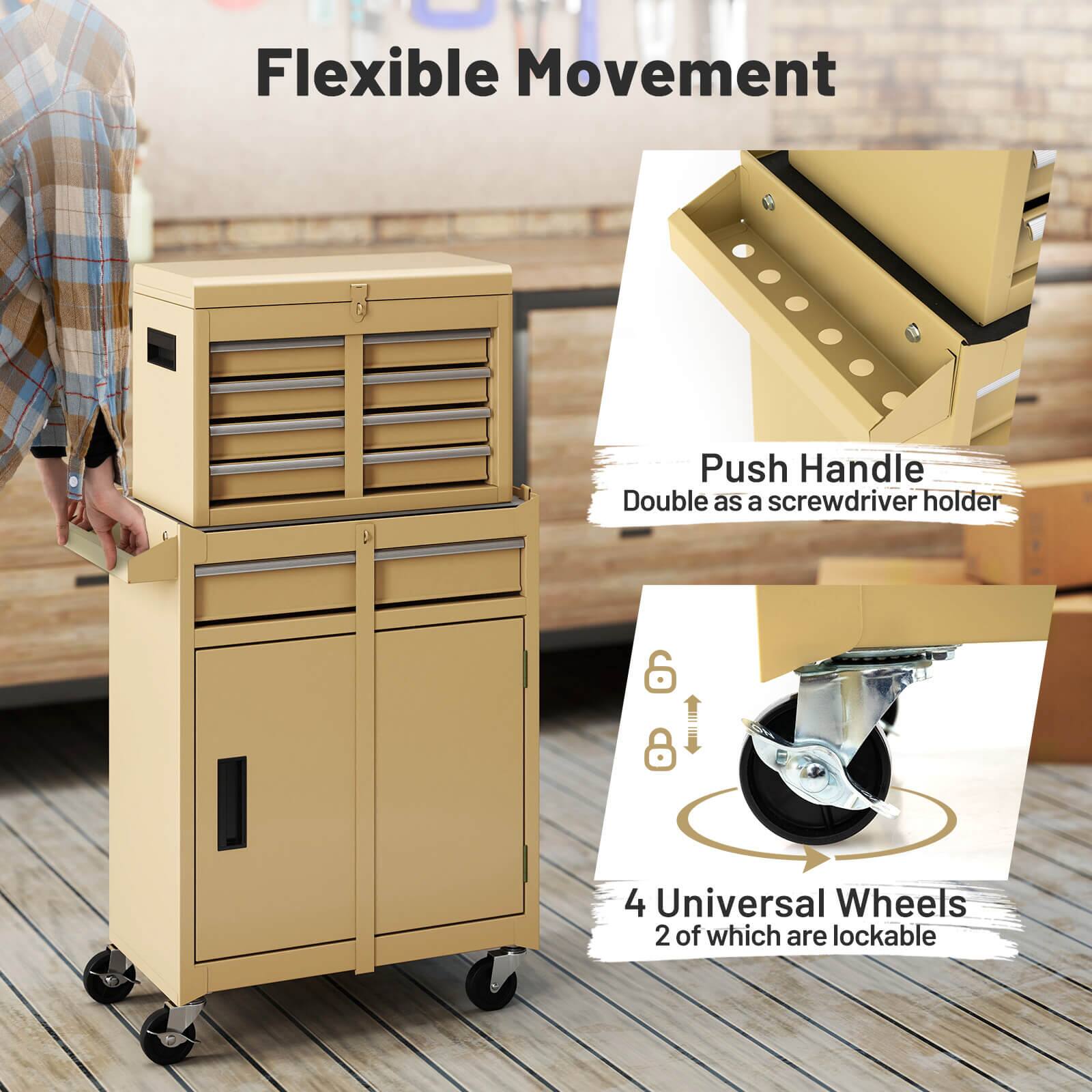 Flexible Movement

Push Handle Double as a screwdriver holder

4 Universal Wheels 2 of which are lockable