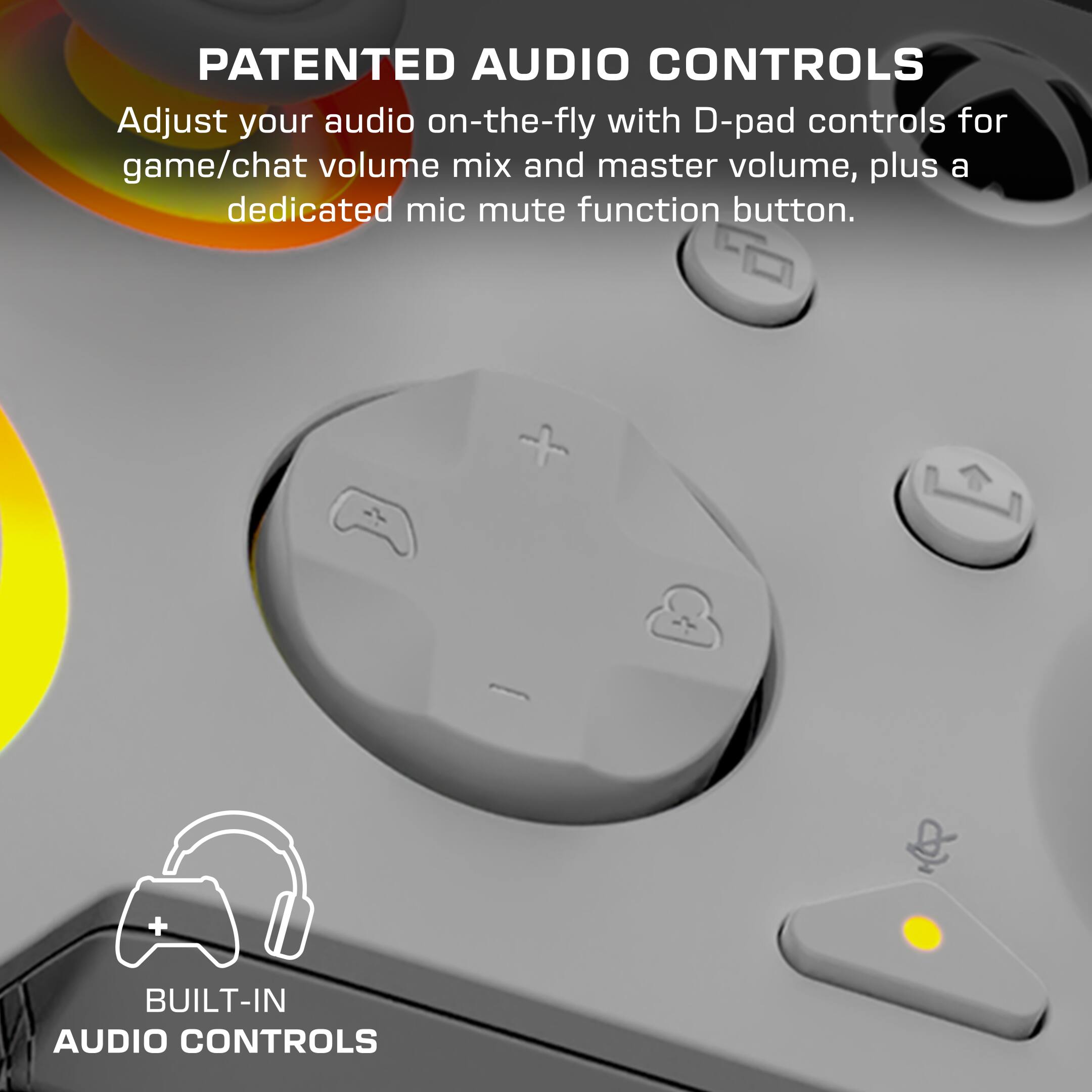 Patented Audio Controls: Adjust your audio on-the-fly with D-pad controls for game/chat volume mix and master volume, plus a dedicated mic mute function button. Built-in Audio Controls.