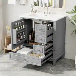Loheer - 30 inch grey bathroom vanity freestanding vanity with ceramic sink 3 drawers - Gray