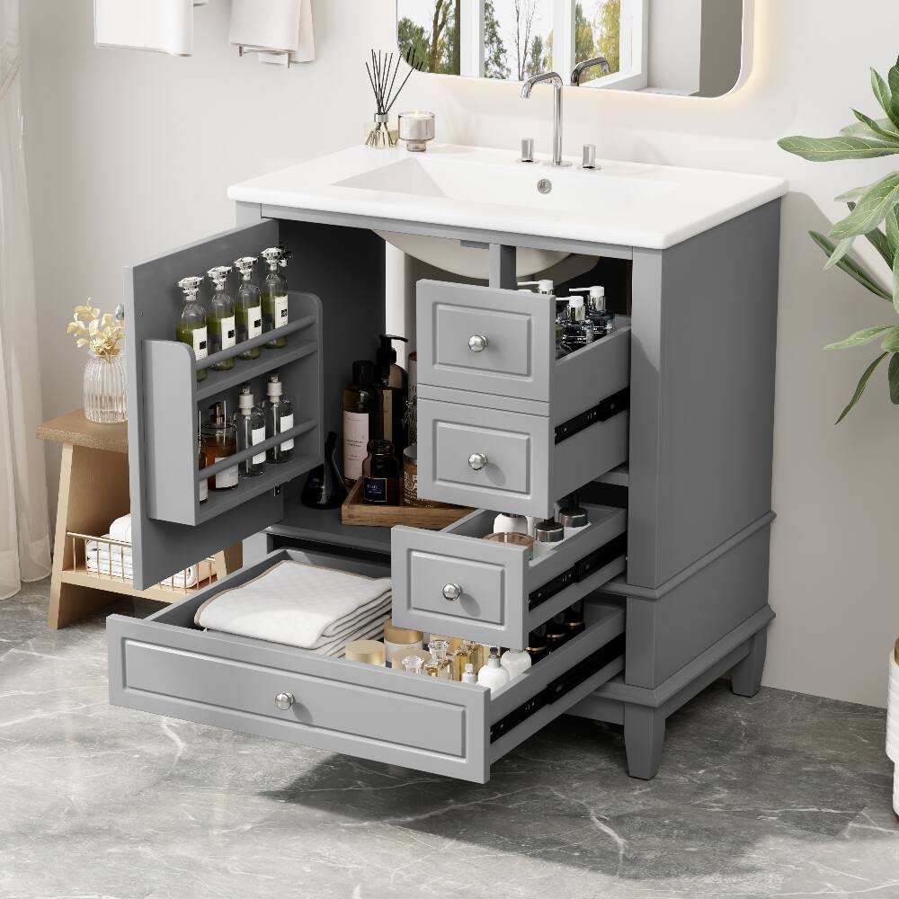 Front. Loheer - Loheer 30 inch grey bathroom vanity freestanding vanity with ceramic sink 3 drawers - Grey.