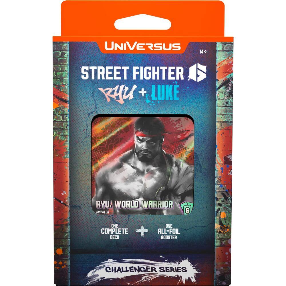 UNIVERSUS  
14+  
STREET FIGHTER  
RYU + LUKE  

RYU, WORLD WARRIOR  
BRAWLER  
6  

ONE COMPLETE DECK  
ONE ALL-FOIL BOOSTER  

CHALLENGER SERIES