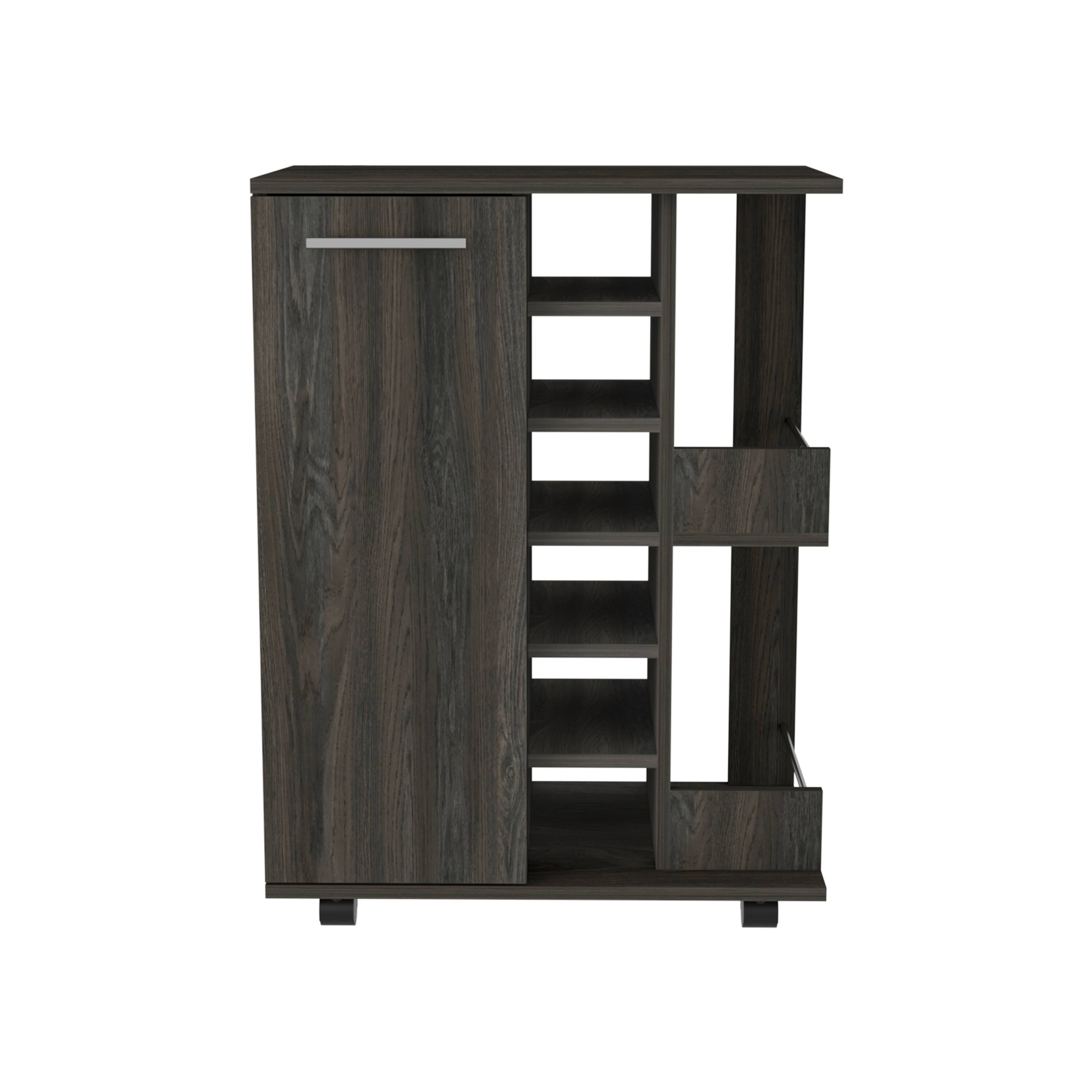 Alt View 2. TuHome - Bar Cart with Two External Shelves, Four Casters, Six Built-In Wine Rack, Single Door Cabinet, Perfect for a Bar Room - Espresso.