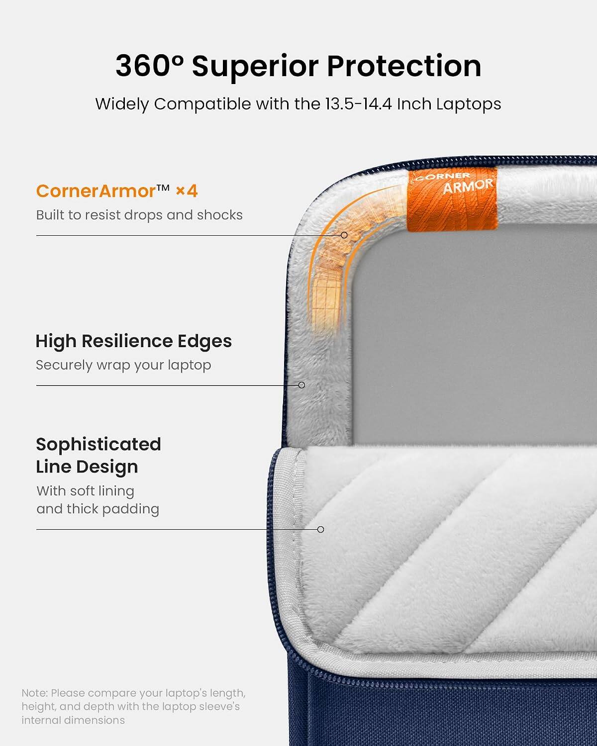 360° Superior Protection  
Widely Compatible with the 13.5-14.4 Inch Laptops  

CornerArmor™ x4  
Built to resist drops and shocks  

High Resilience Edges  
Securely wrap your laptop  

Sophisticated Line Design  
With soft lining and thick padding  

Note: Please compare your laptop's length, height, and depth with the laptop sleeve's internal dimensions