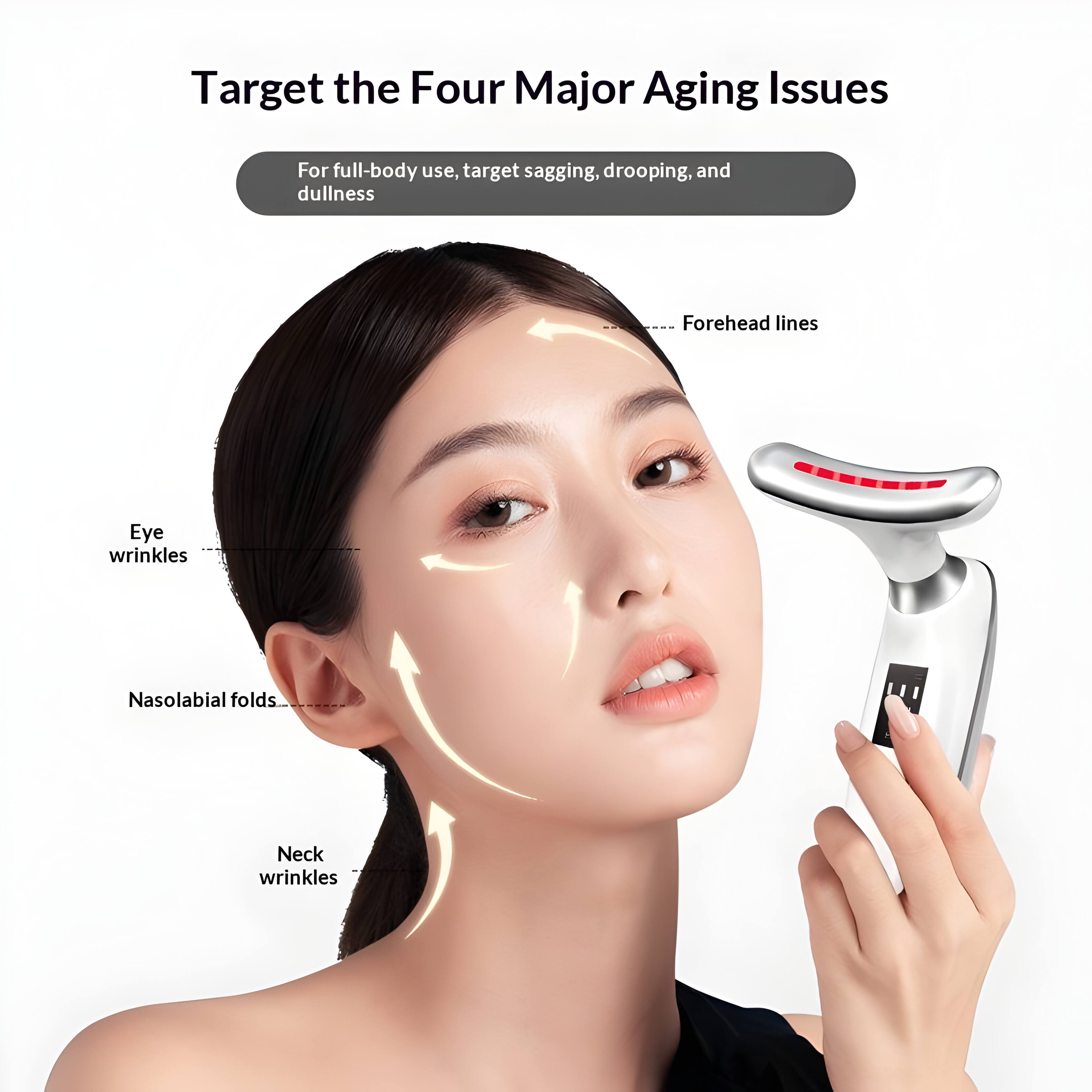 Target the Four Major Aging Issues

For full-body use, target sagging, drooping, and dullness

- Forehead lines
- Eye wrinkles
- Nasolabial folds
- Neck wrinkles