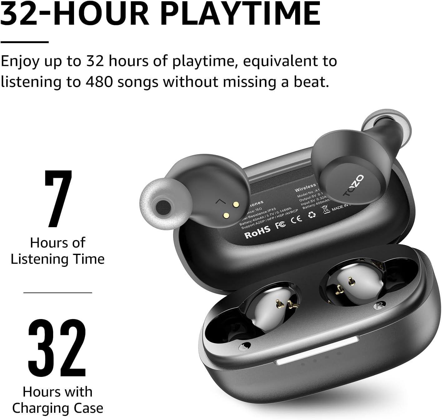 32-HOUR PLAYTIME

Enjoy up to 32 hours of playtime, equivalent to listening to 480 songs without missing a beat.

7 Hours of Listening Time

32 Hours with Charging Case