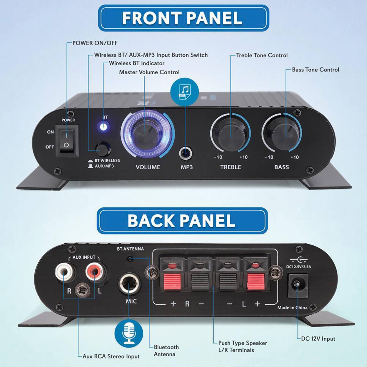 **FRONT PANEL**

- POWER ON/OFF
- Wireless BT/AUX-MP3 Input Button Switch
- Wireless BT Indicator
- Master Volume Control
- Treble Tone Control
- Bass Tone Control

**BACK PANEL**

- BT ANTENNA
- AUX INPUT
- Aux RCA Stereo Input
- Bluetooth Antenna
- Push Type Speaker L/R Terminals
- DC 12V Input

**Additional Details:**

- BT WIRELESS AUX/MP3
- VOLUME
- MP3
- TREBLE
- BASS
- -10 +10
- -10 +10
- DC12.5V/2.5A
- Made in China
