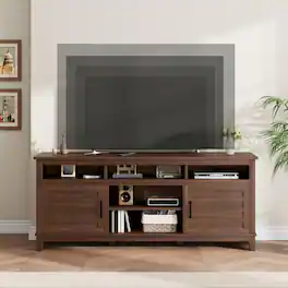 Qeetex - 70.9" Farmhouse TV Stand for 80" TVs, Entertainment Center with Adjustable Shelves & Cabinet Doors for Living Room - Brown