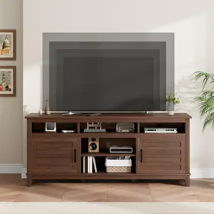 Front. Qeetex - 70.9" Farmhouse TV Stand for 80" TVs, Entertainment Center with Adjustable Shelves & Cabinet Doors for Living Room - Brown.