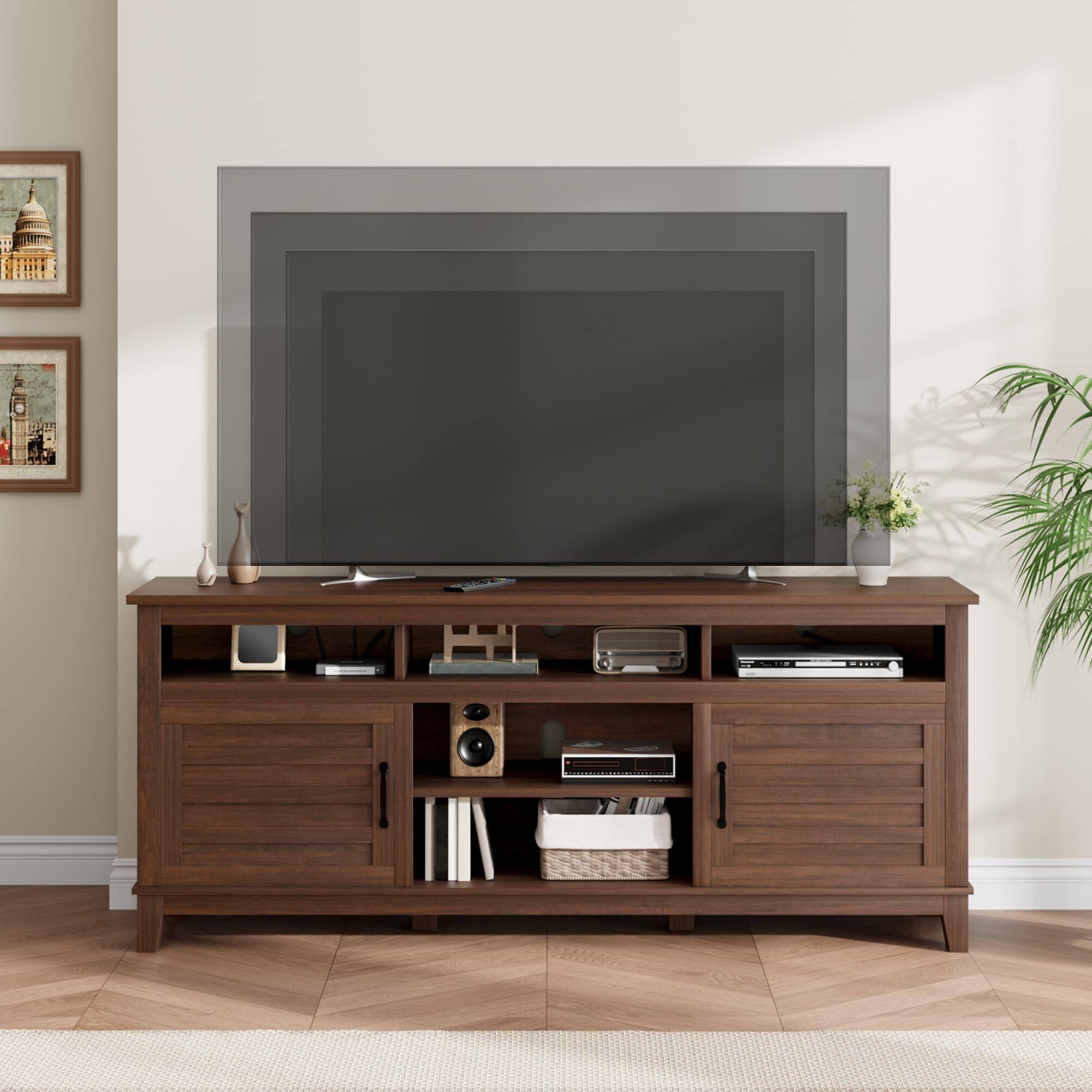 Front. Qeetex - 70.9" Farmhouse TV Stand for 80" TVs, Entertainment Center with Adjustable Shelves & Cabinet Doors for Living Room - Brown.