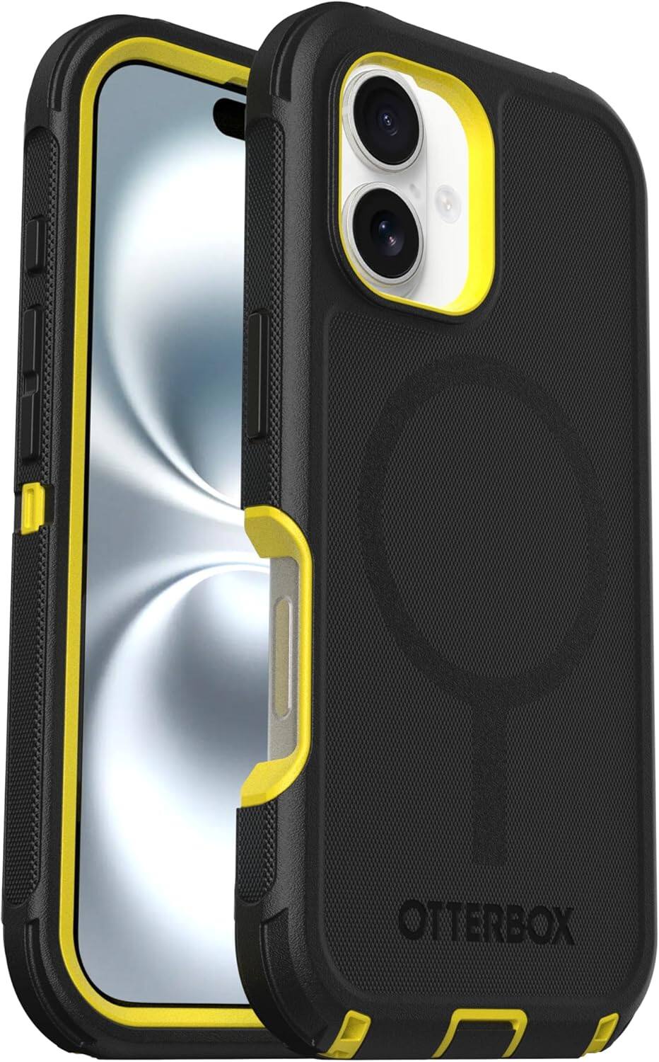 Left. OtterBox - OtterBox - Defender Series hard Shell Case With Magsafe for Apple iPhone 16 - Night (Black & Yellow).
