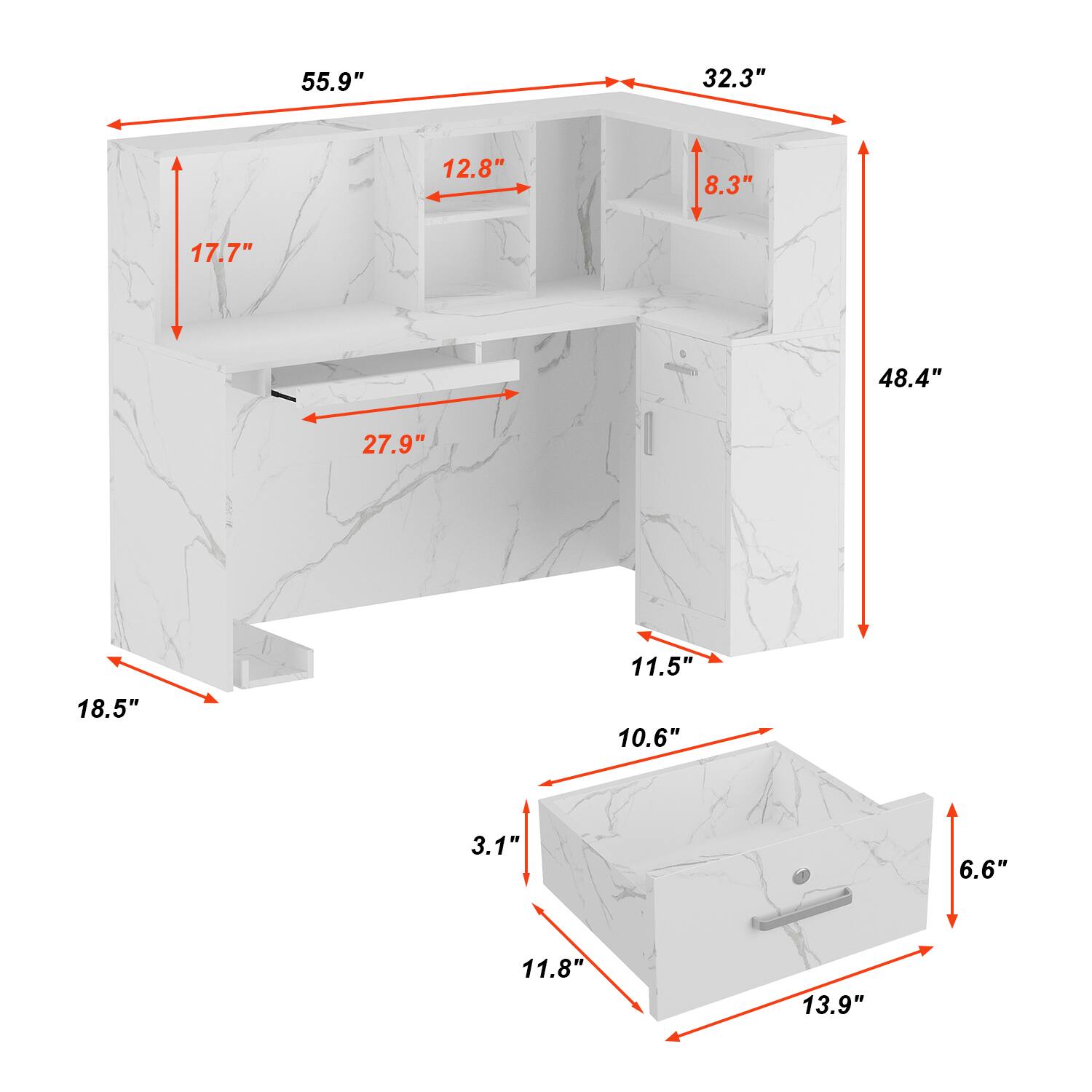 The text on the image is grouped and corrected as follows:

1. 55.9"
2. 32.3"
3. 12.8"
4. 8.3"
5. 17.7"
6. 48.4"
7. 27.9"
8. 18.5"
9. 11.5"
10. 10.6"
11. 3.1"
12. 6.6"
13. 11.8"
14. 13.9"