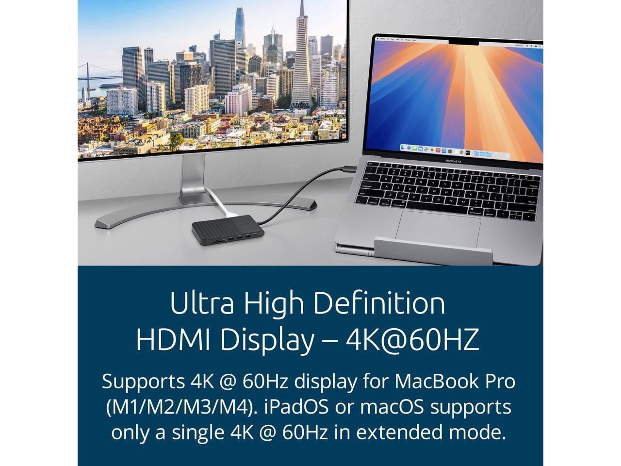 Ultra High Definition HDMI Display - 4K@60HZ

Supports 4K @ 60Hz display for MacBook Pro (M1/M2/M3/M4). iPadOS or macOS supports only a single 4K @ 60Hz in extended mode.