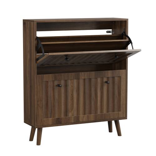 Alt View 2. LUCKY ONE - 31.5in Freestanding Walnut Shoe Cabinet with Vertical Grooved Finish Tilt-Out Drawers for Entryway - Walnut.