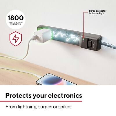 1800 JOLTS OF SURGE PROTECTION  
Surge protector indicator light  
Protects your electronics  
From lightning, surges or spikes