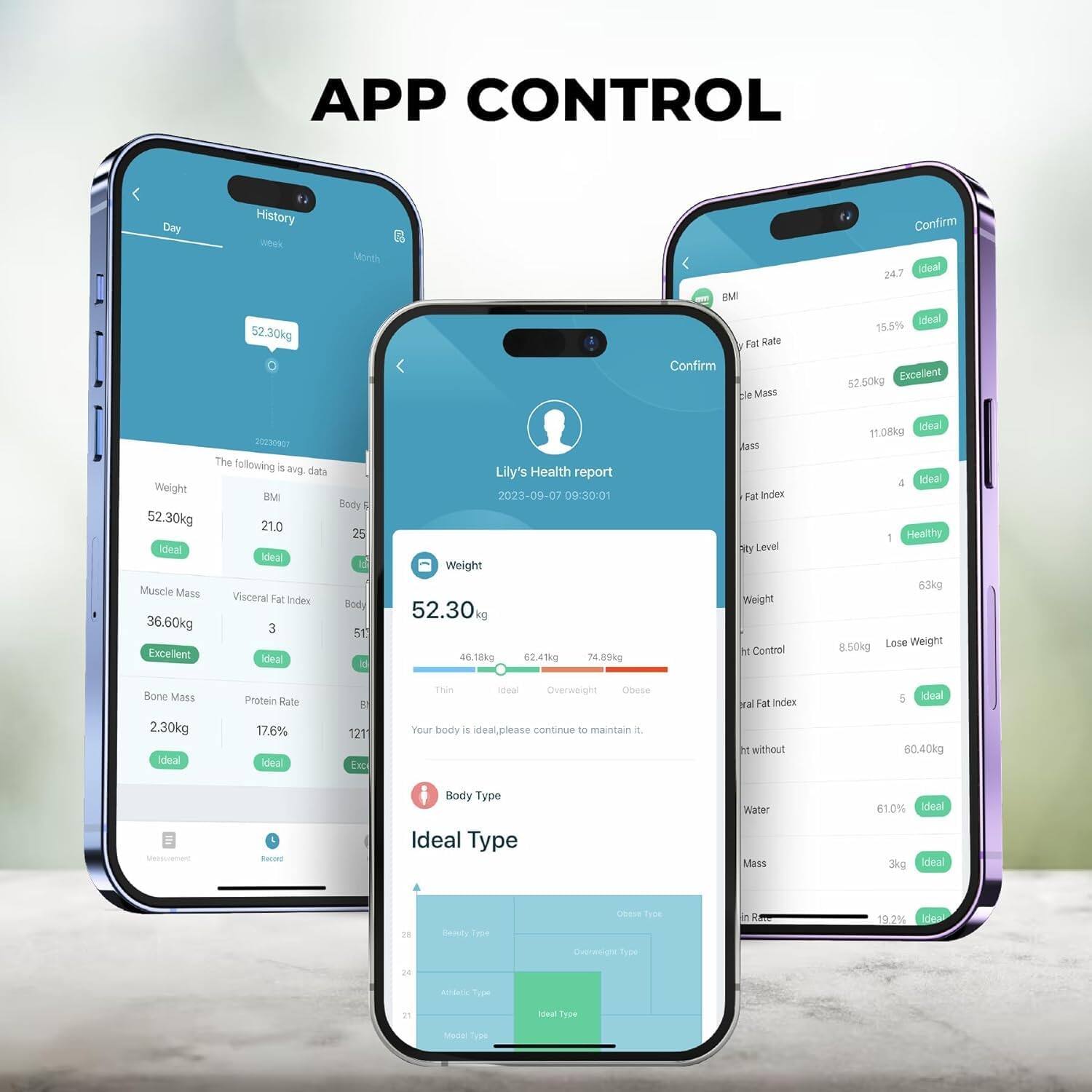 **APP CONTROL**

**Day History**
- Weight: 52.30kg
- BMI: 21.0
- Body Fat: 25
- Muscle Mass: 36.60kg (Excellent)
- Visceral Fat Index: 3 (Ideal)
- Bone Mass: 2.30kg (Ideal)
- Protein Rate: 17.6% (Ideal)
- Fat Rate: 15.5% (Ideal)
- Fat Mass: 11.08kg (Ideal)
- Fat Index: 4 (Ideal)
- Body Type: Ideal
- Water: 61.0% (Ideal)
- Mass: 3kg (Ideal)
- RMR: 1211 (Excellent)
- Lily's Health report 2023-09-07 09:30:01
- Weight: 52.30kg
- BMI: 21.0
- Body Fat: 25
- Muscle Mass: 36.60kg (Excellent)
- Visceral Fat Index: 3 (Ideal)
- Bone Mass: 2.30kg (Ideal)
