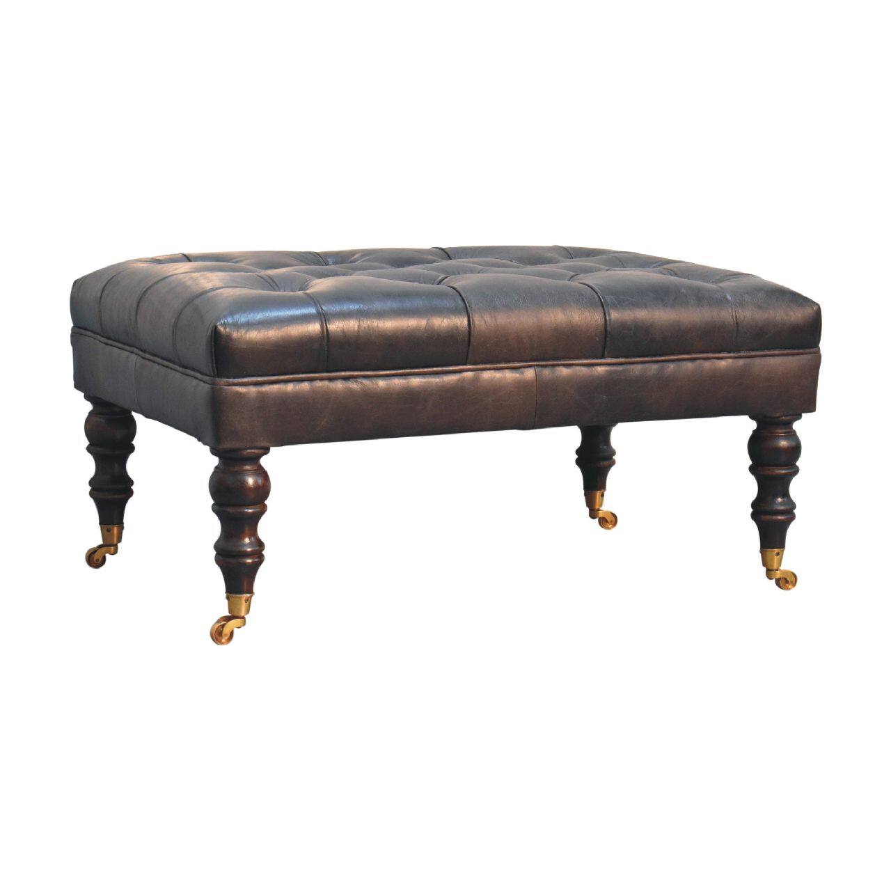 Back. Artisan Furniture - Artisan Furniture Solid Wood Buffalo Ash Black Leather Ottoman with Castor Legs, Upholstered, Black - Black.