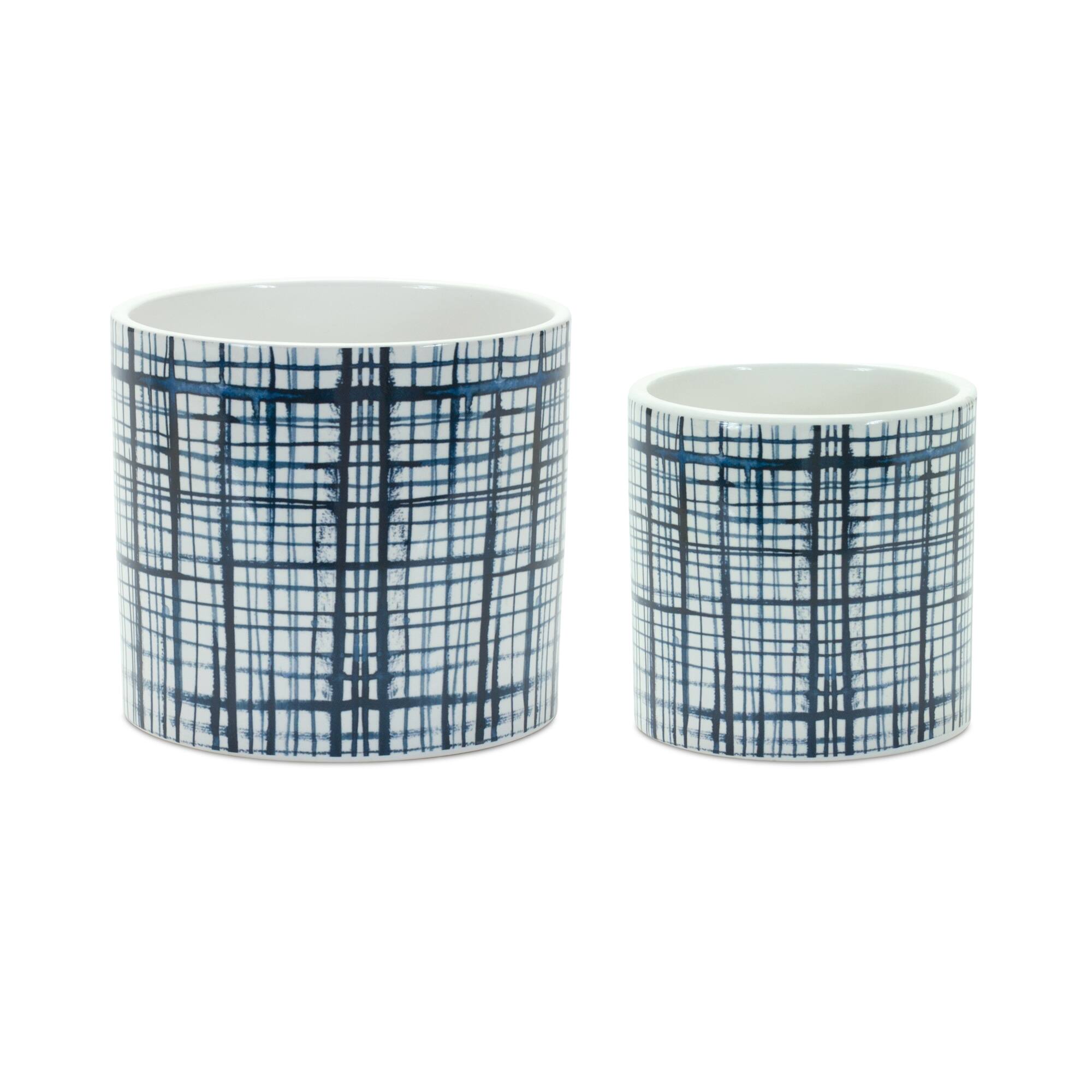 Front. BreeBe - Criss Cross Pattern Planter (Set of 2) - White, Blue.