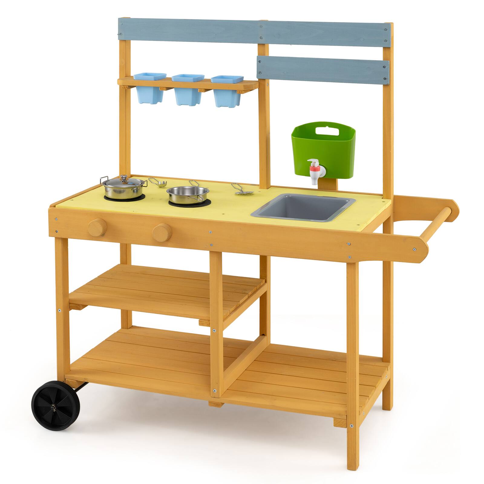 Alt View 2. Costway - Costway Mud Kitchen for Kids, Wooden Outdoor Play Kitchen with Flowerpots, Sink, Water Tank - Yellow.
