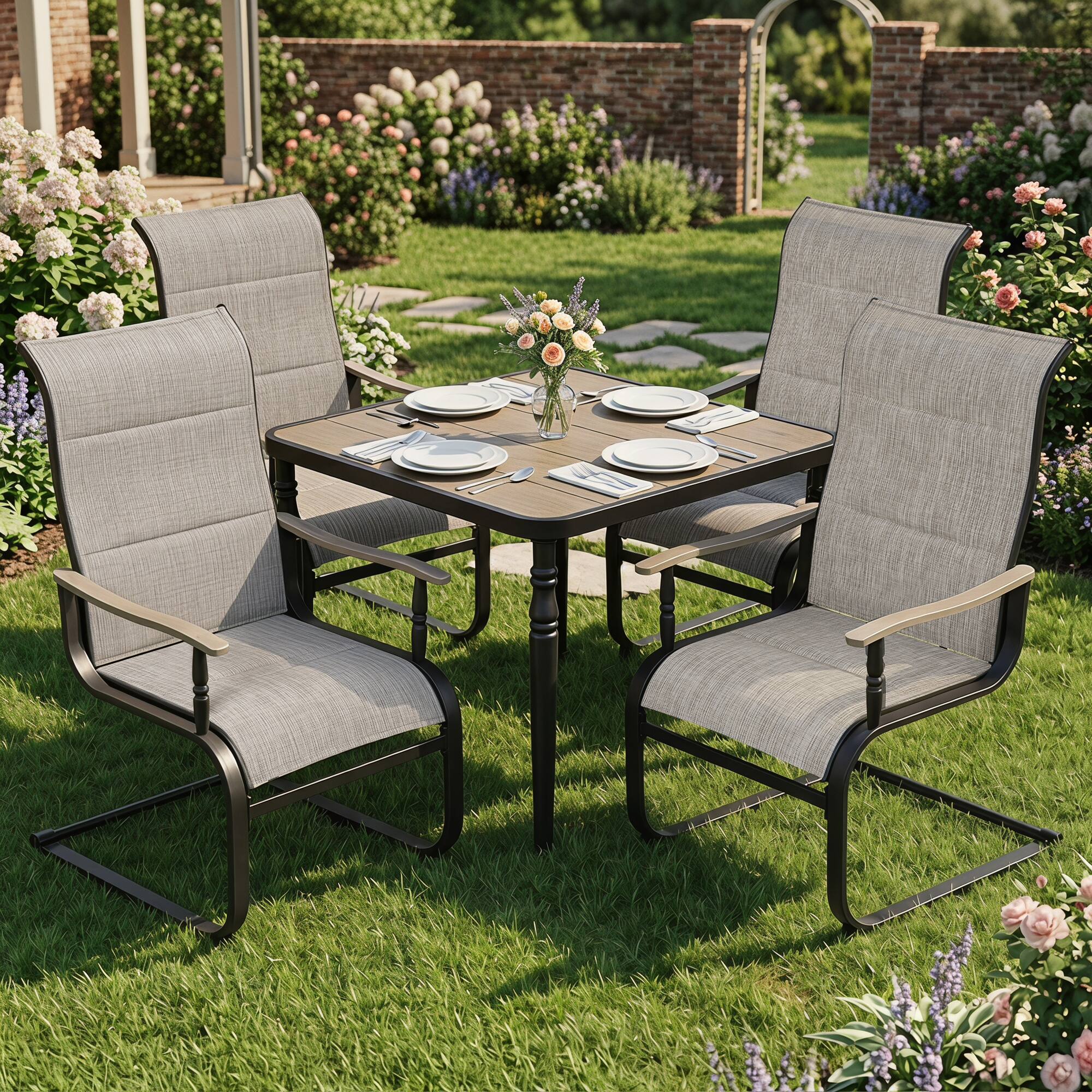 Angle. Nuu Garden - 5-Piece Patio Dining Set with Umbrella Hole, Breathable Textilene Fabric - Brown and Black.
