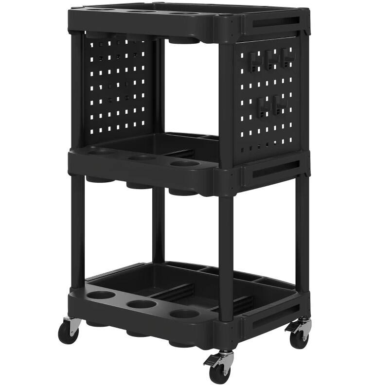 Angle. HOMLUX - 22.20 in. W 3-Tier Rolling Tool Cart Capacity Plastic Utility Cart with Side Shelves for Garage, Workshop - Black.