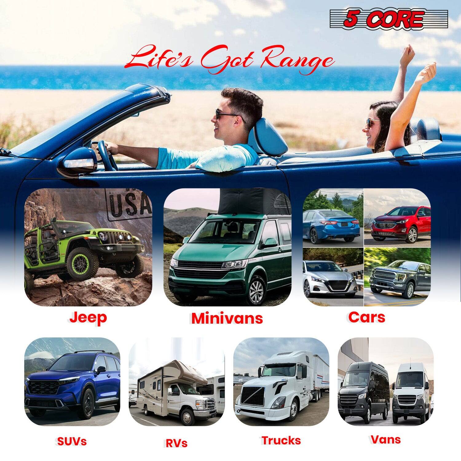 5 CORE  
Life's Got Range  

USA  

Jeep  
Minivans  
Cars  
SUVs  
RVs  
Trucks  
Vans