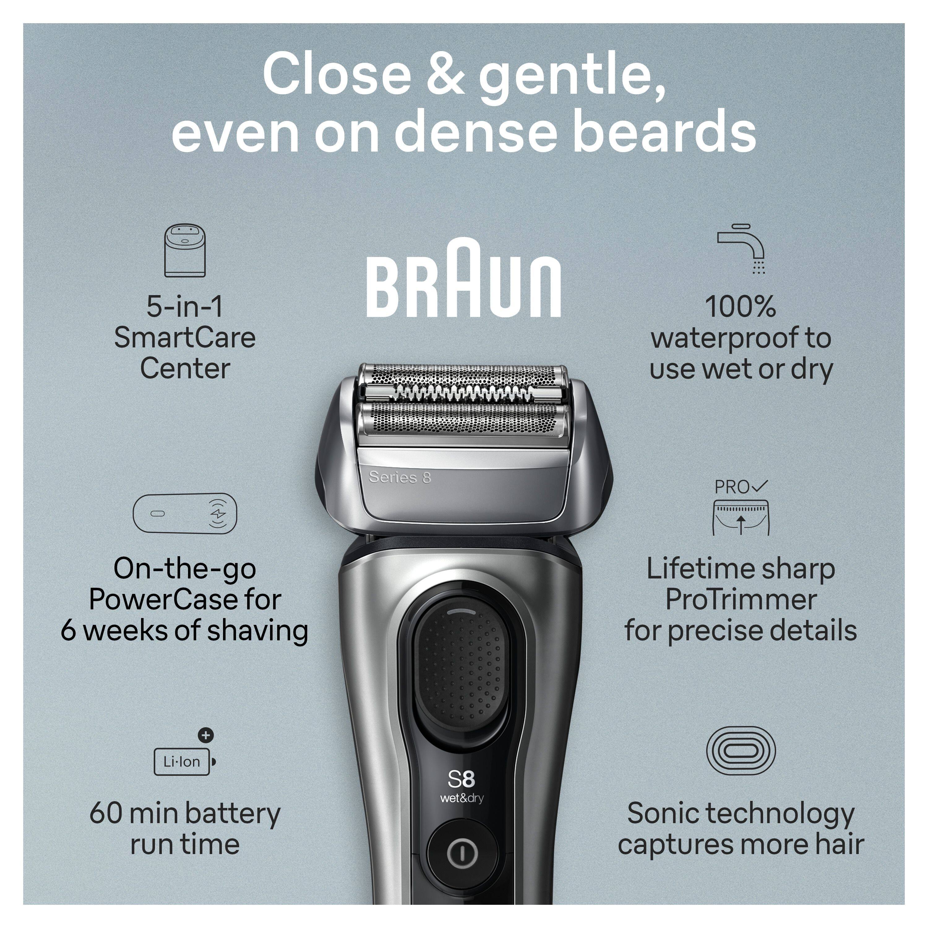 Close & gentle, even on dense beards

BRAUN

- 5-in-1 SmartCare Center
- 100% waterproof to use wet or dry
- On-the-go PowerCase for 6 weeks of shaving
- Lifetime sharp ProTrimmer for precise details
- Li-lon 60 min battery run time
- Sonic technology captures more hair
