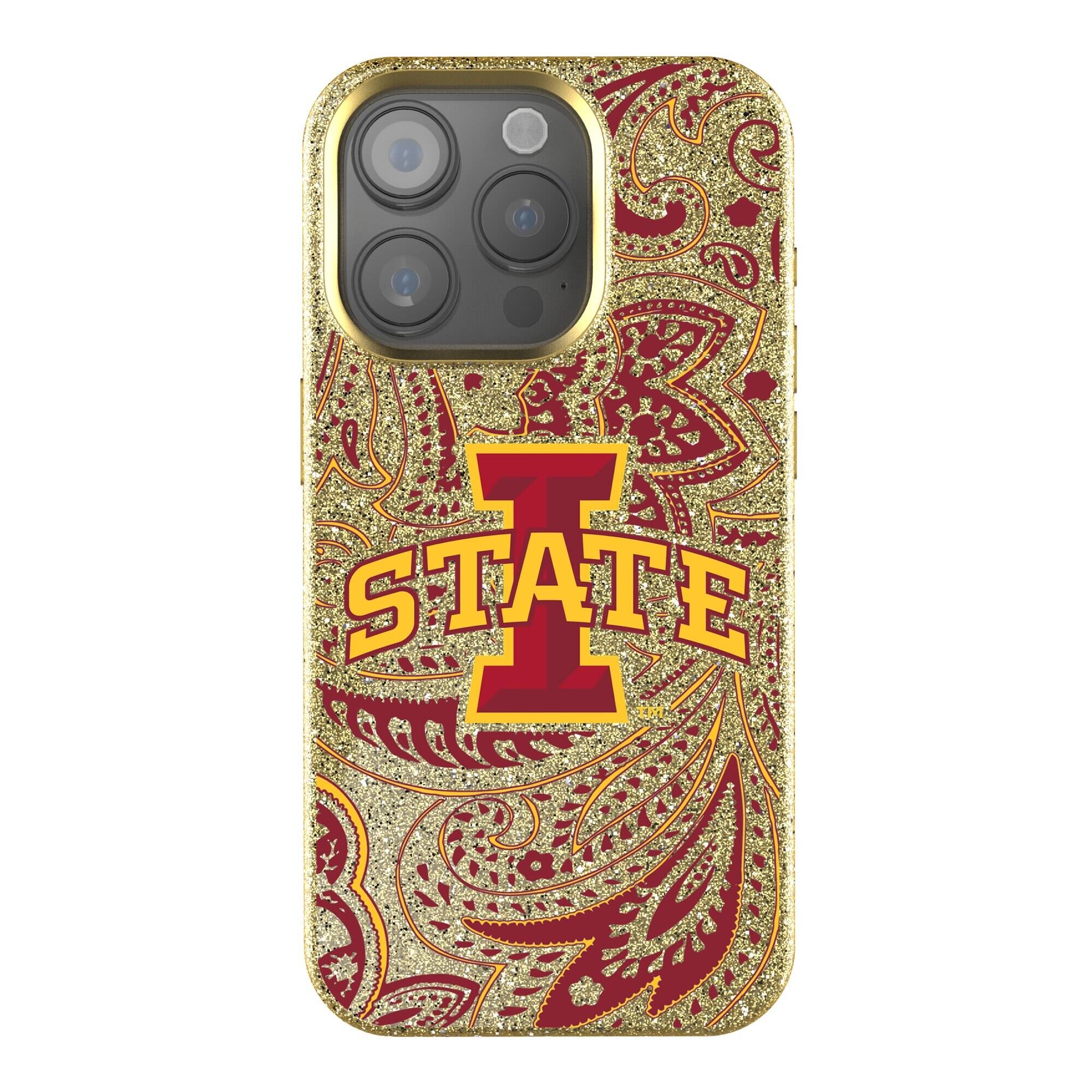 Front. Keyscaper - Iowa State Cyclones Paisley Bling iPhone Case - 15 Pro - Gold.