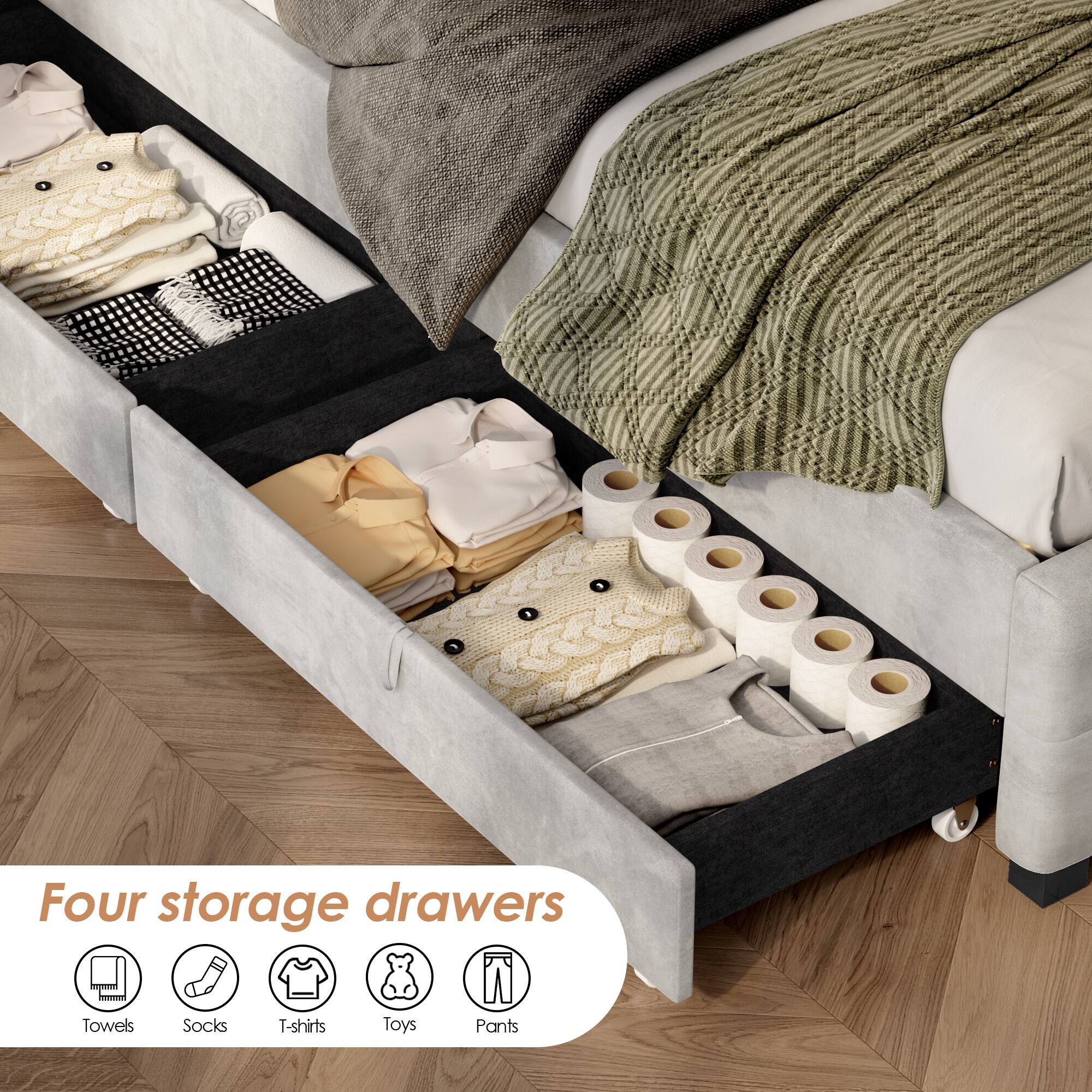 Four storage drawers

- Towels
- Socks
- T-shirts
- Toys
- Pants