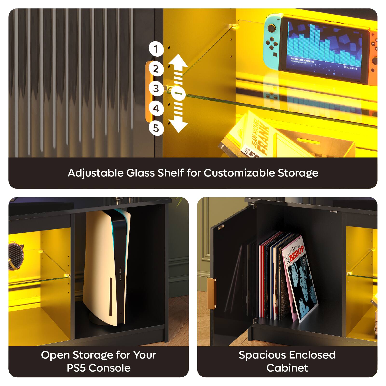 The text on the image is grouped and corrected as follows:

1. Adjustable Glass Shelf for Customizable Storage - Open Storage for Your PS5 Console - Spacious Enclosed Cabinet
2. Adjustable Glass Shelf for Customizable Storage - Open Storage for Your PS5 Console - Spacious Enclosed Cabinet
3. Adjustable Glass Shelf for Customizable Storage - Open Storage for Your PS5 Console - Spacious Enclosed Cabinet
4. Adjustable Glass Shelf for Customizable Storage - Open Storage for Your PS5 Console - Spacious Enclosed Cabinet
5. Adjustable Glass Shelf for Customizable Storage - Open Storage for Your PS5 Console - Spacious Enclosed Cabinet

The text is grouped together, and the correct order is maintained.