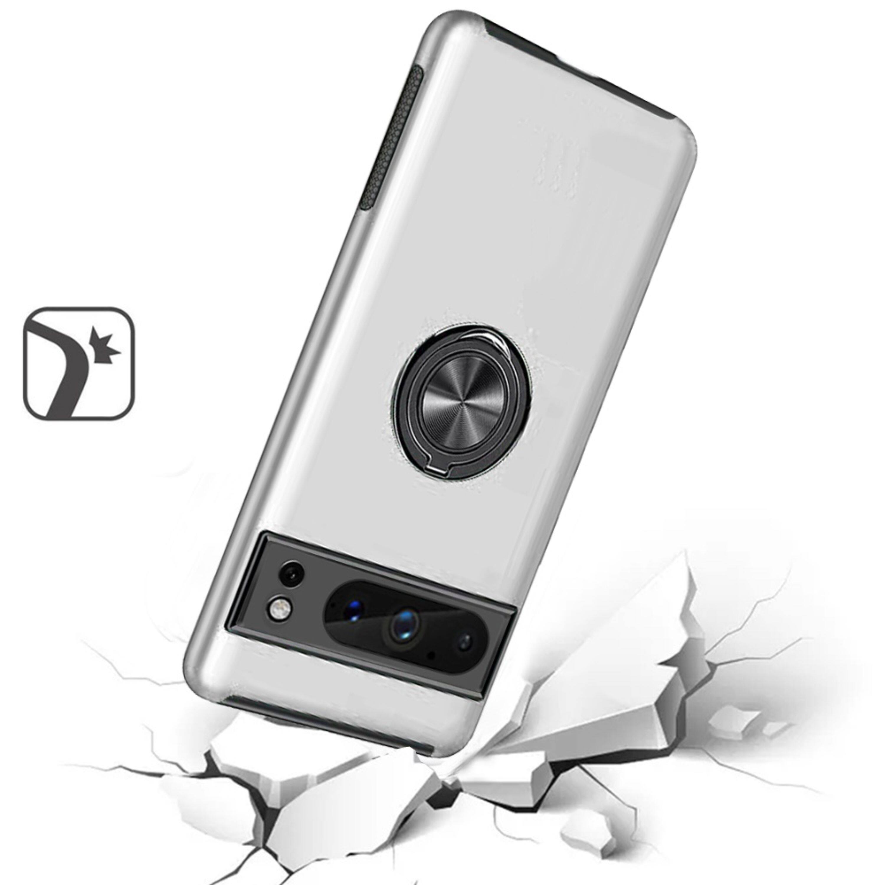 Left. Kitcheniva - Rubberized Dual Layer Magnetic Ring Stand For Google Pixel 8 Pro Silver - Silver.