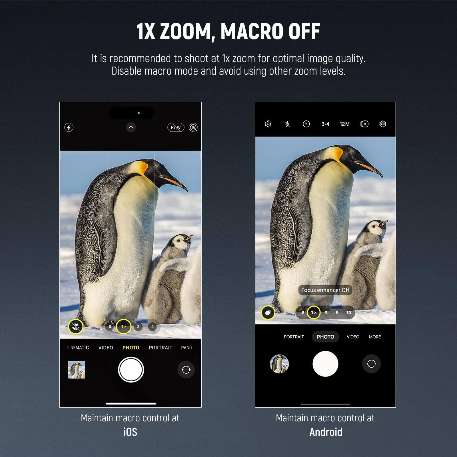 1X ZOOM, MACRO OFF

It is recommended to shoot at 1x zoom for optimal image quality. Disable macro mode and avoid using other zoom levels.

4 R 3.4 12M

Focus enhance of A 1x a A 10

PORTRAIT PHOTO VIDEO MORE DINEMATIC VIDEO PHOTO PORTRAIT PANO

Maintain macro control at iOS

Maintain macro control at Android